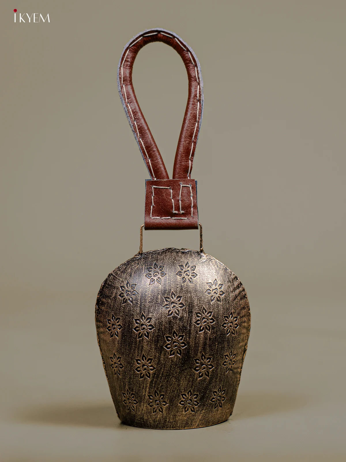Metal Cow Bell with Floral Engraving & Leather Handle - 5 Inch Antique Silver - KB05111