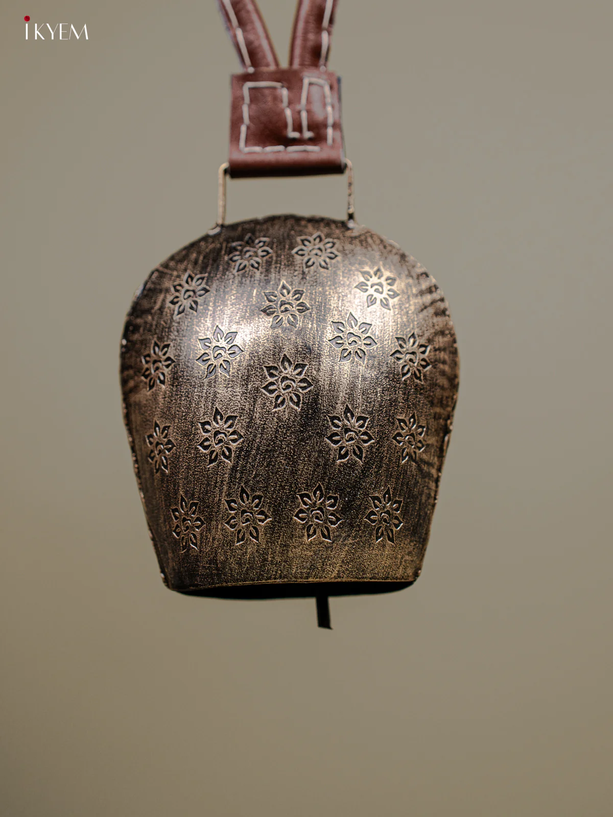 Metal Cow Bell with Floral Engraving & Leather Handle - 5 Inch Antique Silver - KB05111 - Image 4