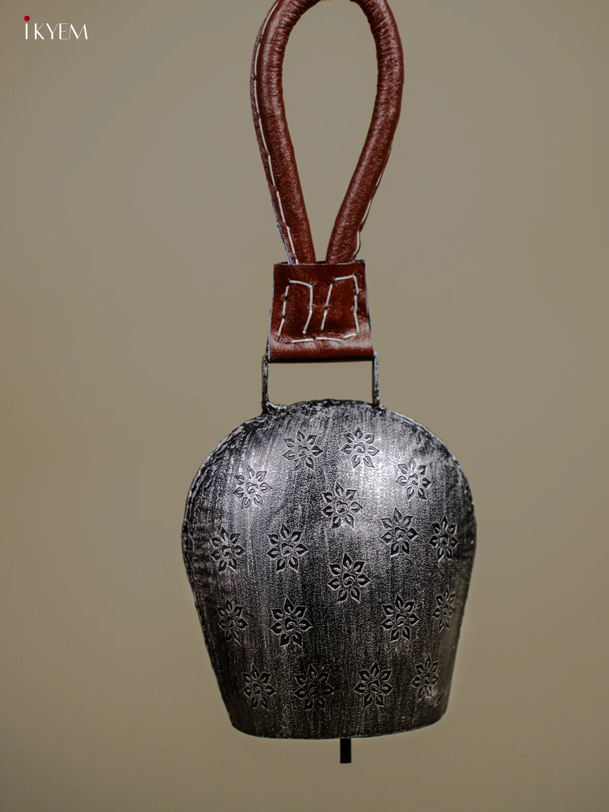 Metal Cow Bell with Floral Engraving & Leather Handle - 5 Inch Antique Bronze - KB05113 - Image 3