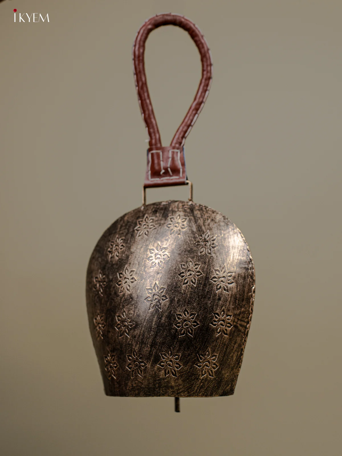 Metal Cow Bell with Floral Engraving & Leather Handle - 8 Inch Antique Silver - KB05114 - Image 2