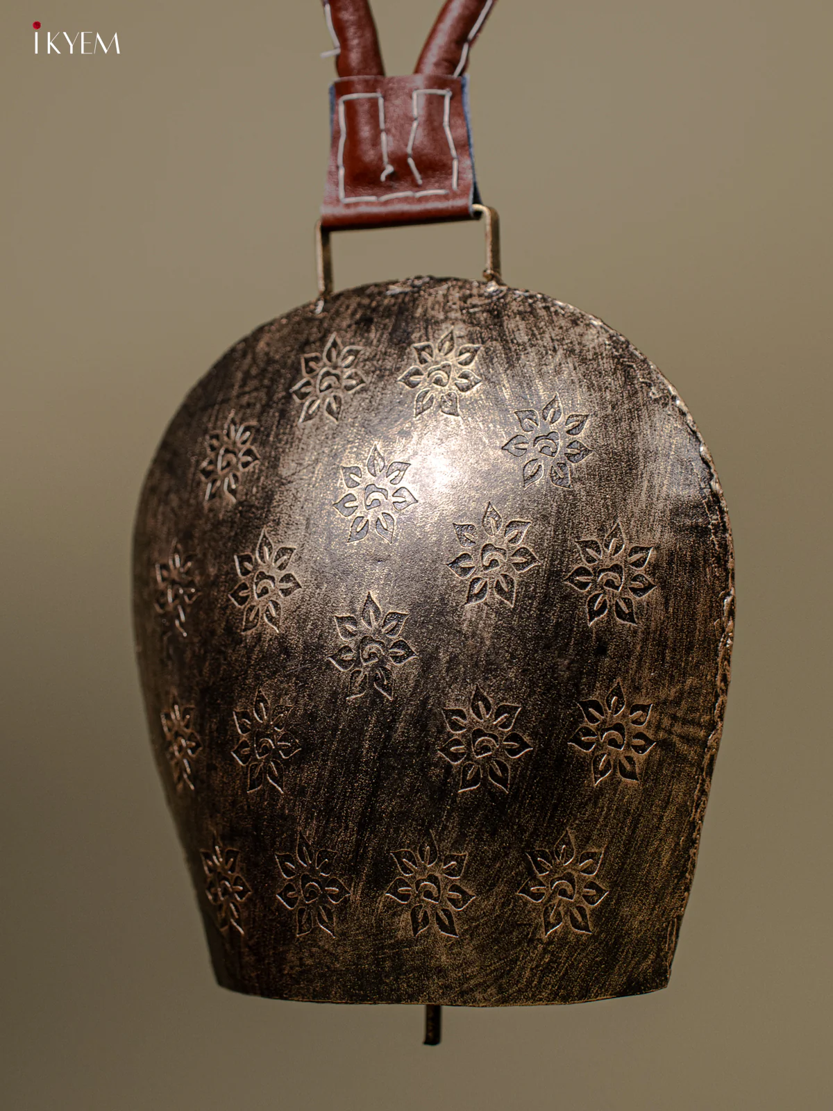 Metal Cow Bell with Floral Engraving & Leather Handle - 8 Inch Antique Silver - KB05114 - Image 4