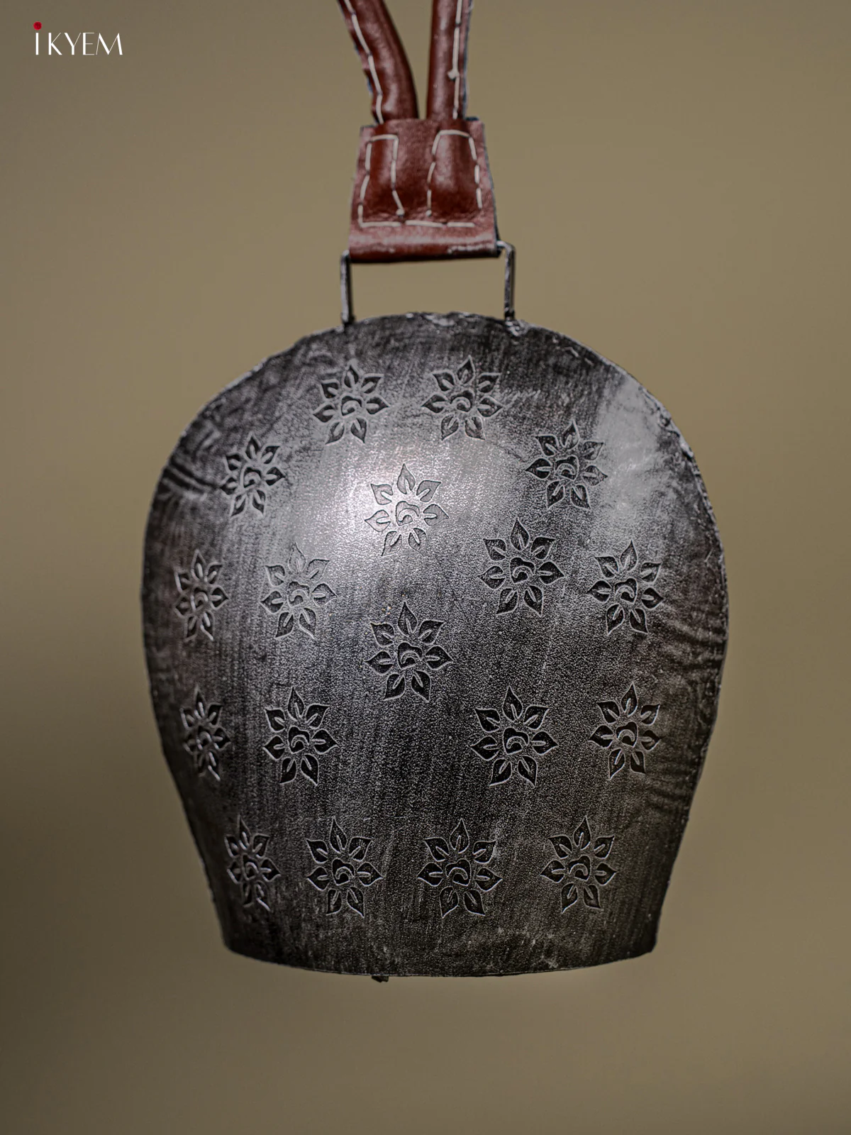 Metal Cow Bell with Floral Engraving & Leather Handle - 8 Inch Antique Bronze - KB05116 - Image 3