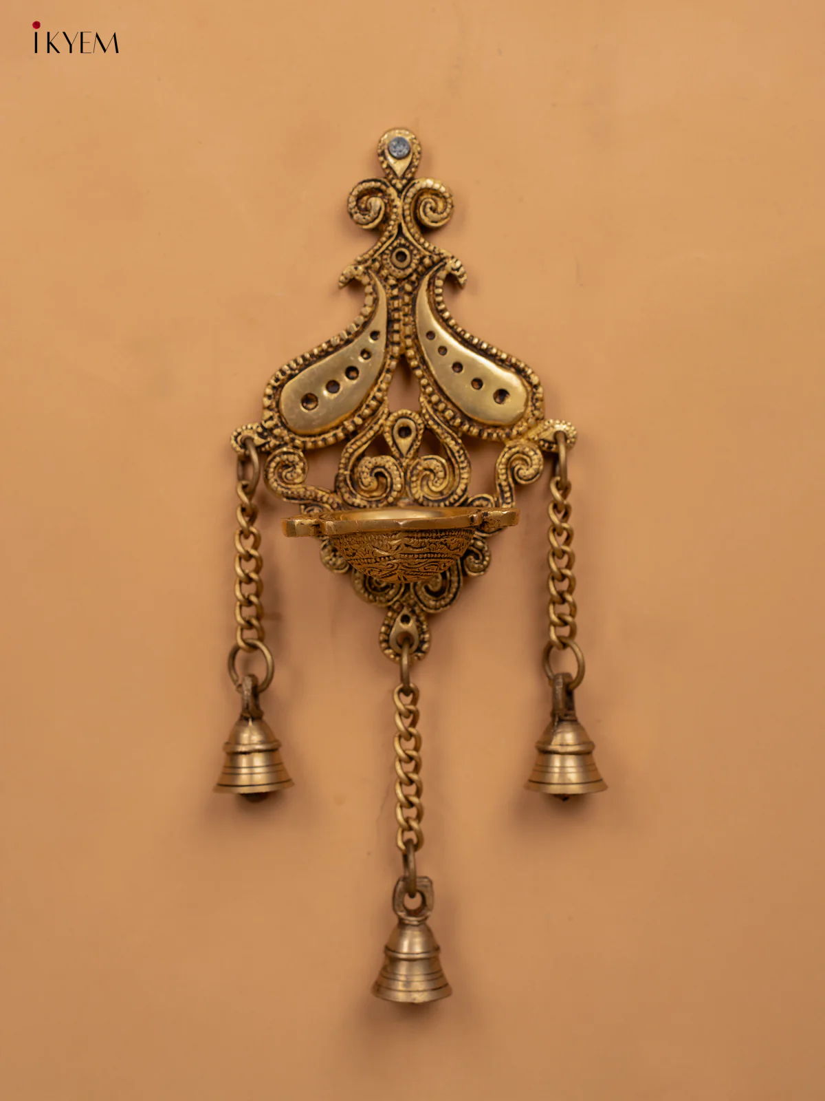Brass Antique Wall Mount Hanging Diya with 3 Bells -12 inch- KB12115