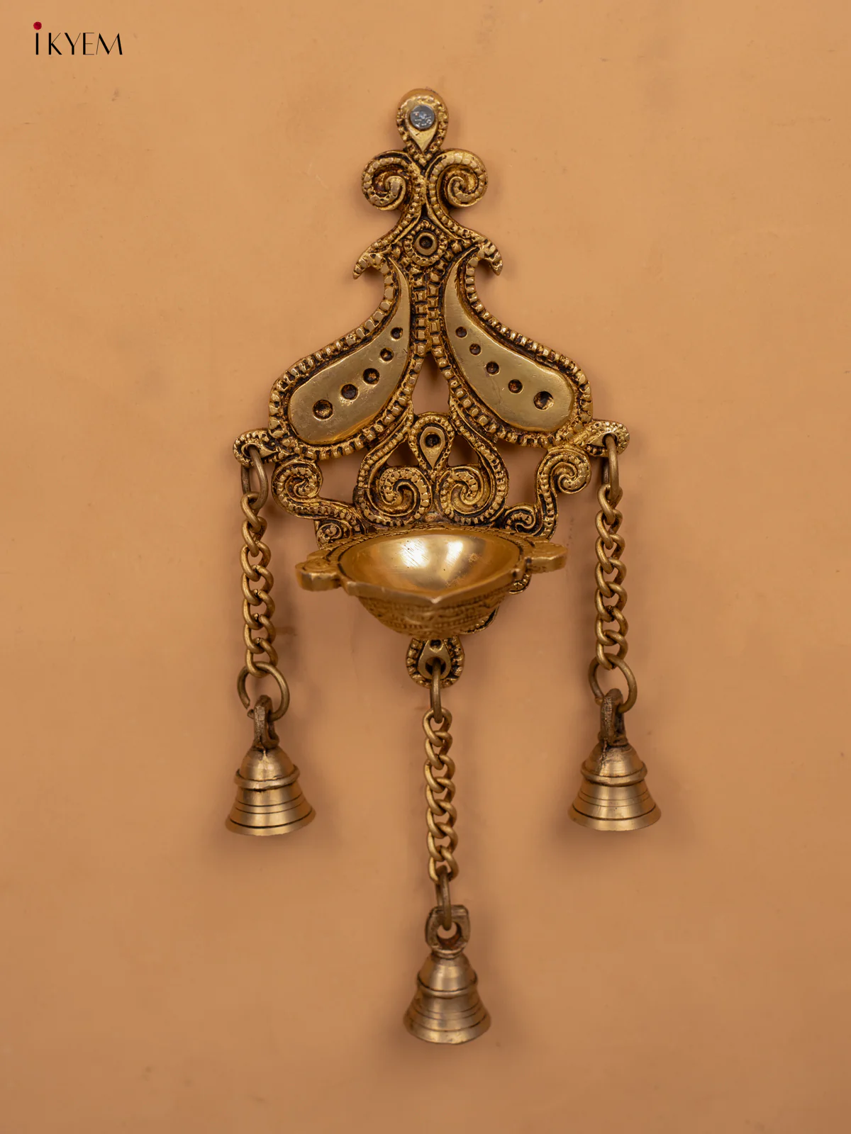 Brass Antique Wall Mount Hanging Diya with 3 Bells -12 inch- KB12115 - Image 3