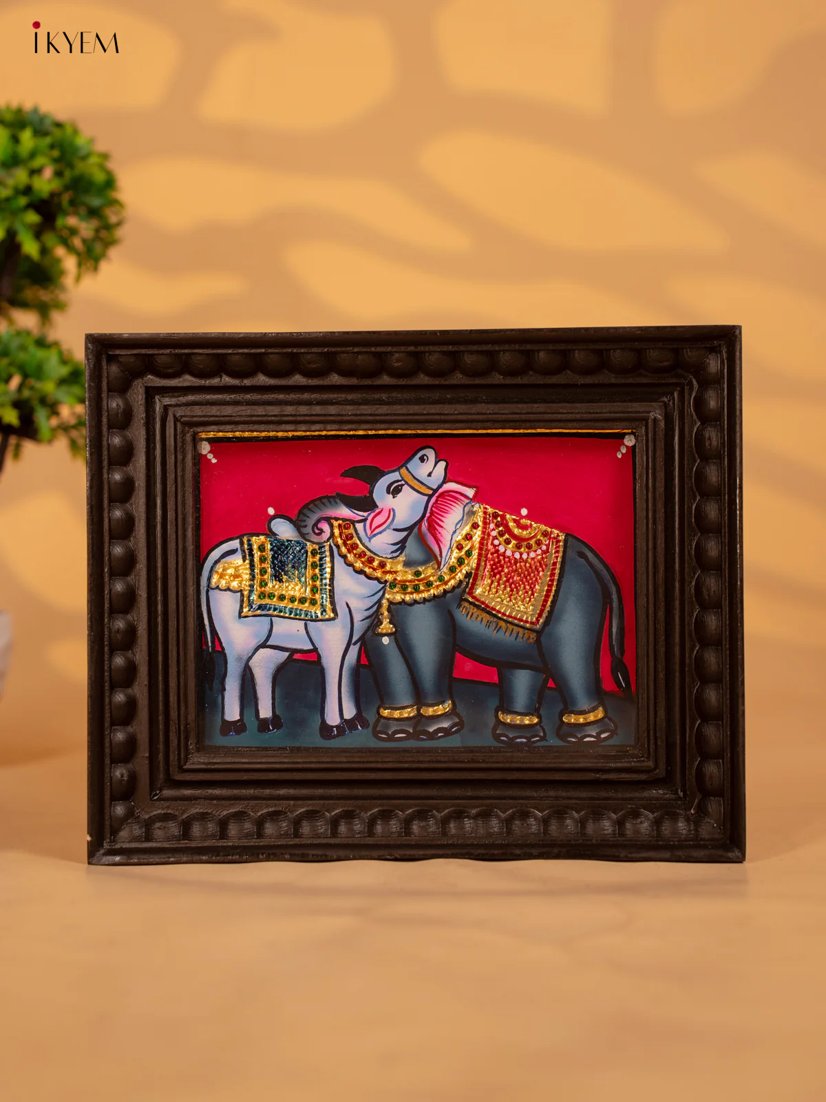 Elephant and Cow - Tanjore Painting (9x11) - KB17117