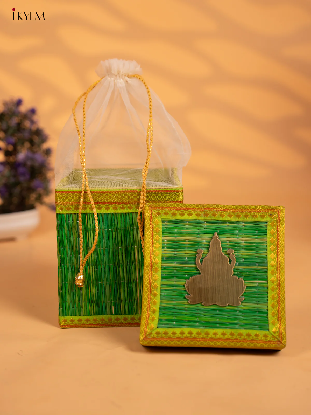 Korai Gift Box with Net Potli with Lakshmi Motif - Green- KB17137 - Image 2