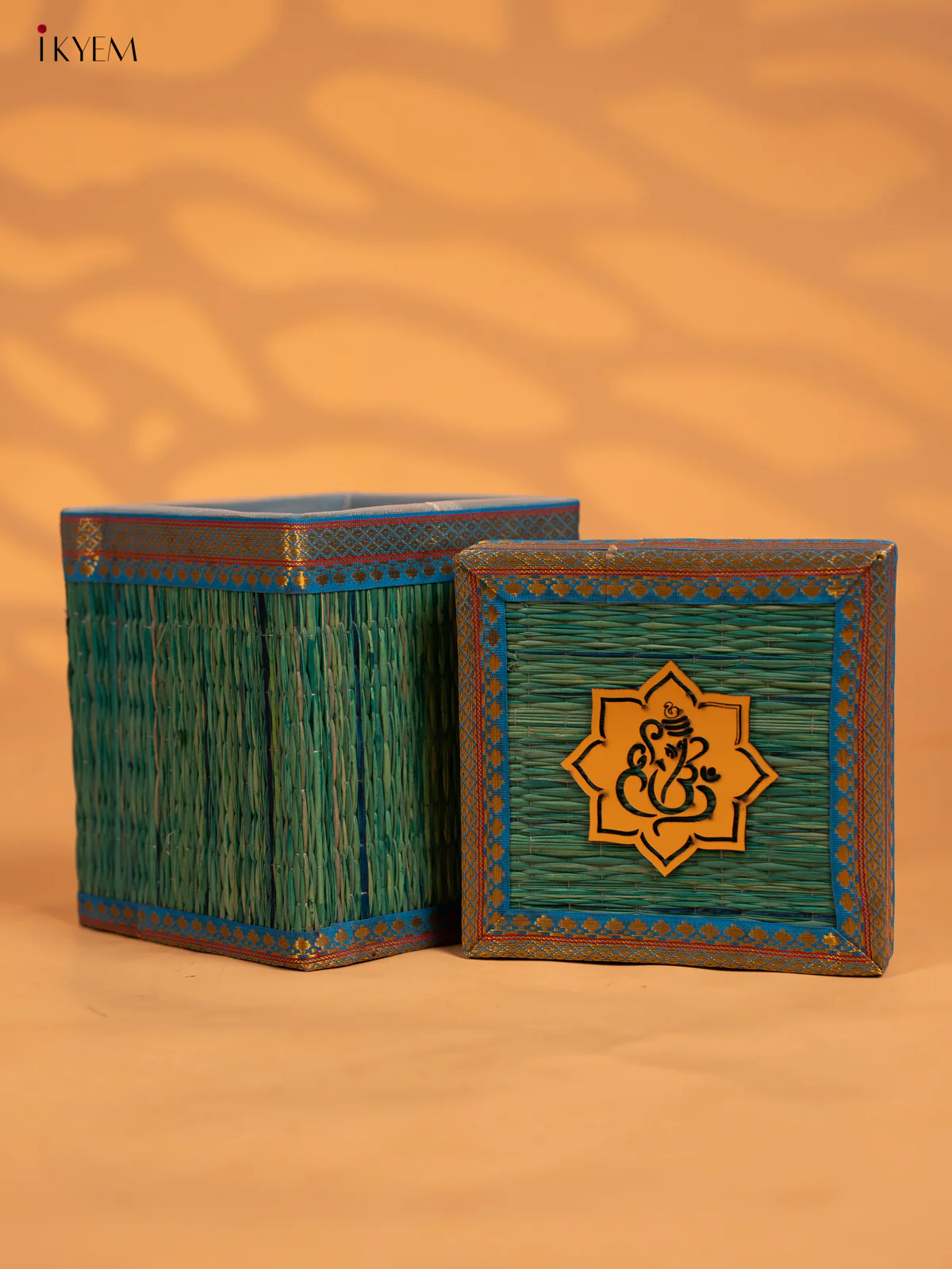 Korai Gift Box with Net Potli with Ganesha Motif -6 Inch- Blue - KB17143