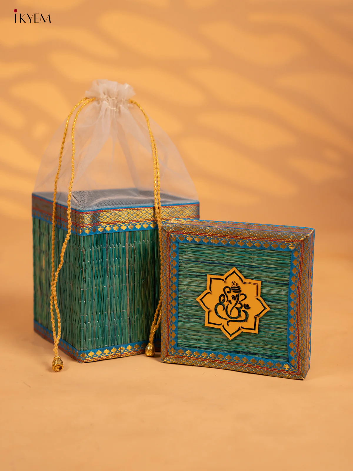 Korai Gift Box with Net Potli with Ganesha Motif -6 Inch- Blue - KB17143 - Image 2