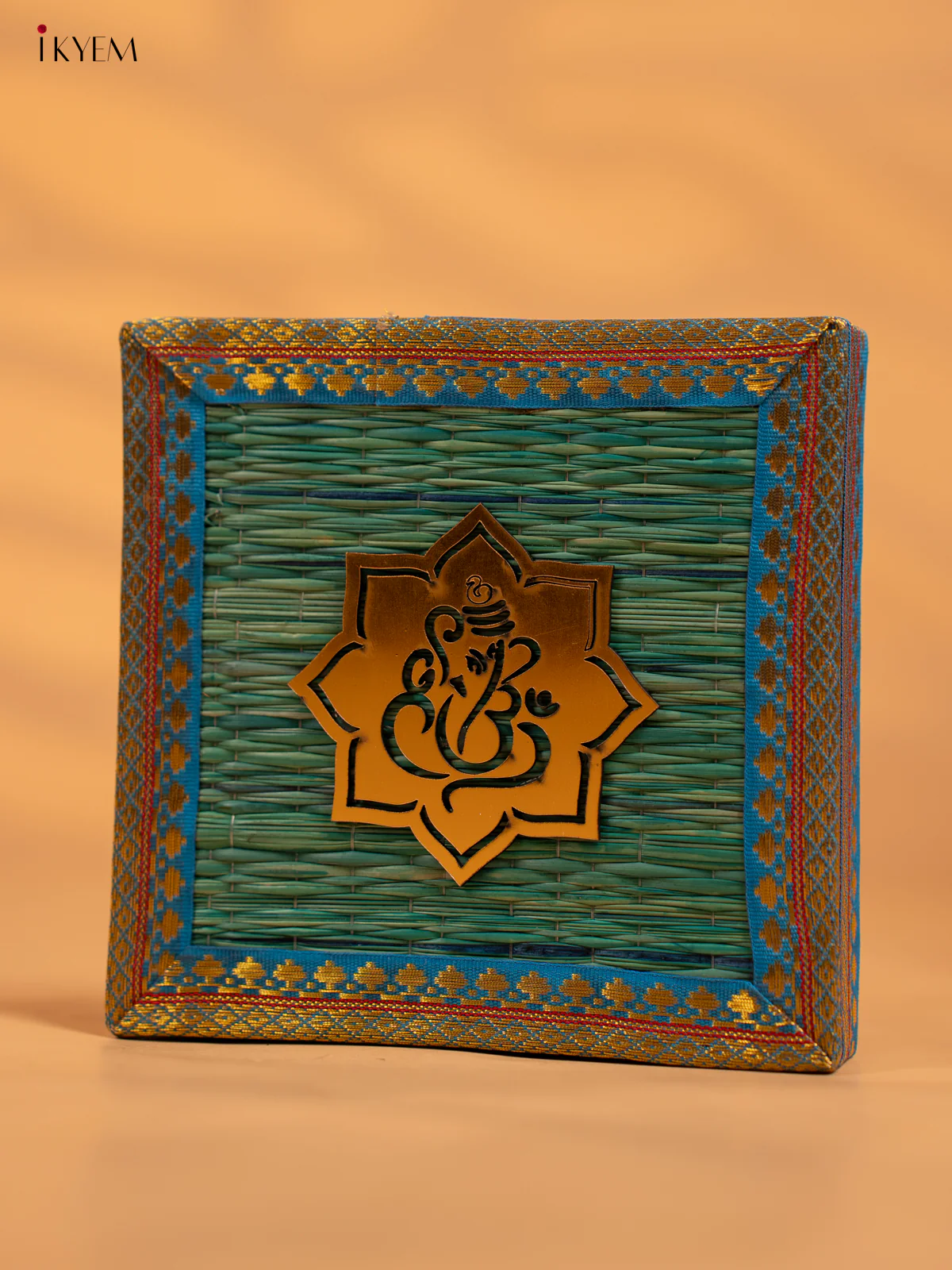 Korai Gift Box with Net Potli with Ganesha Motif -6 Inch- Blue - KB17143 - Image 3
