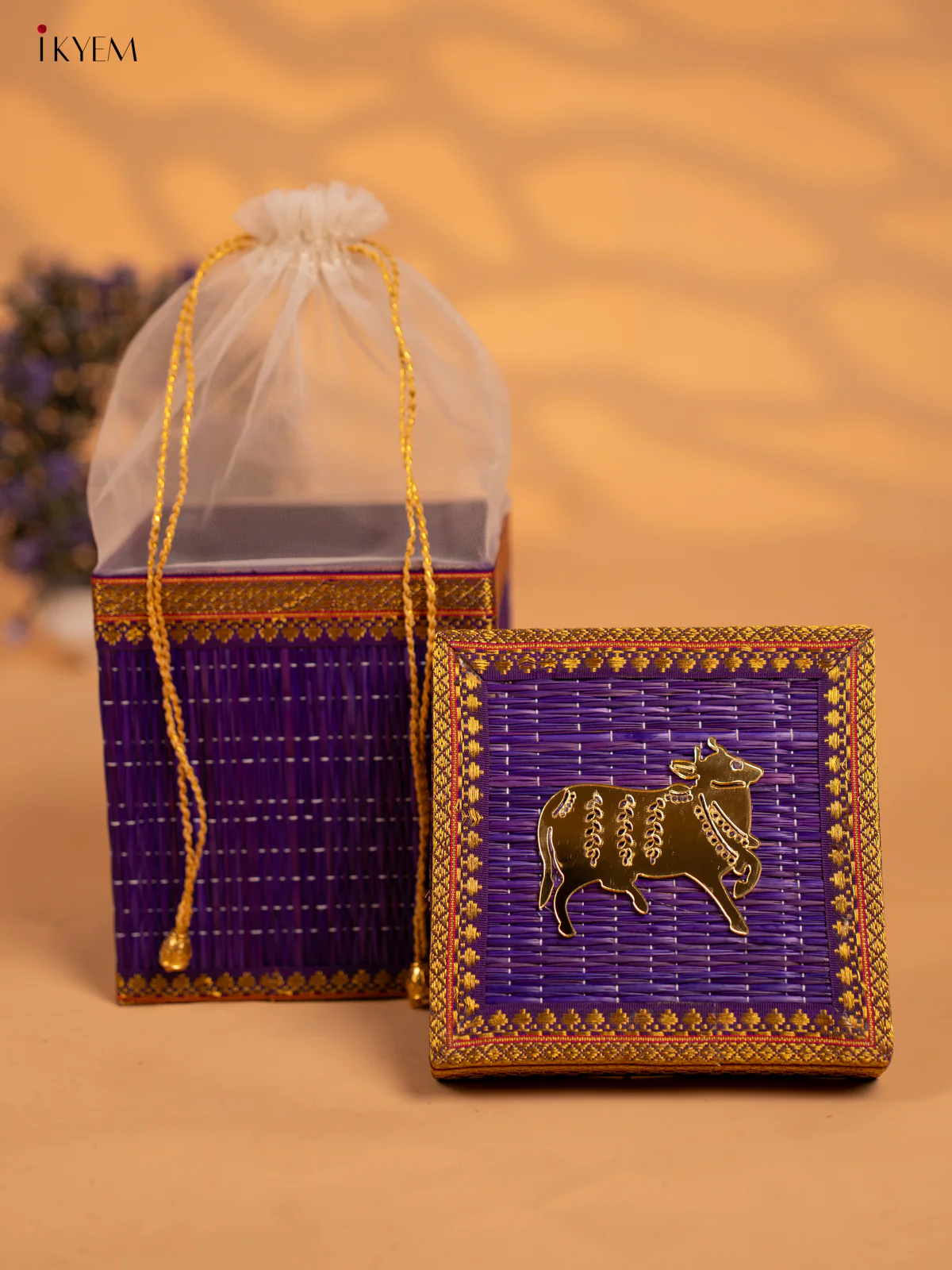 Korai Gift Box with Net Potli with Pichwai Motif - Purple - KB17148 - Image 2