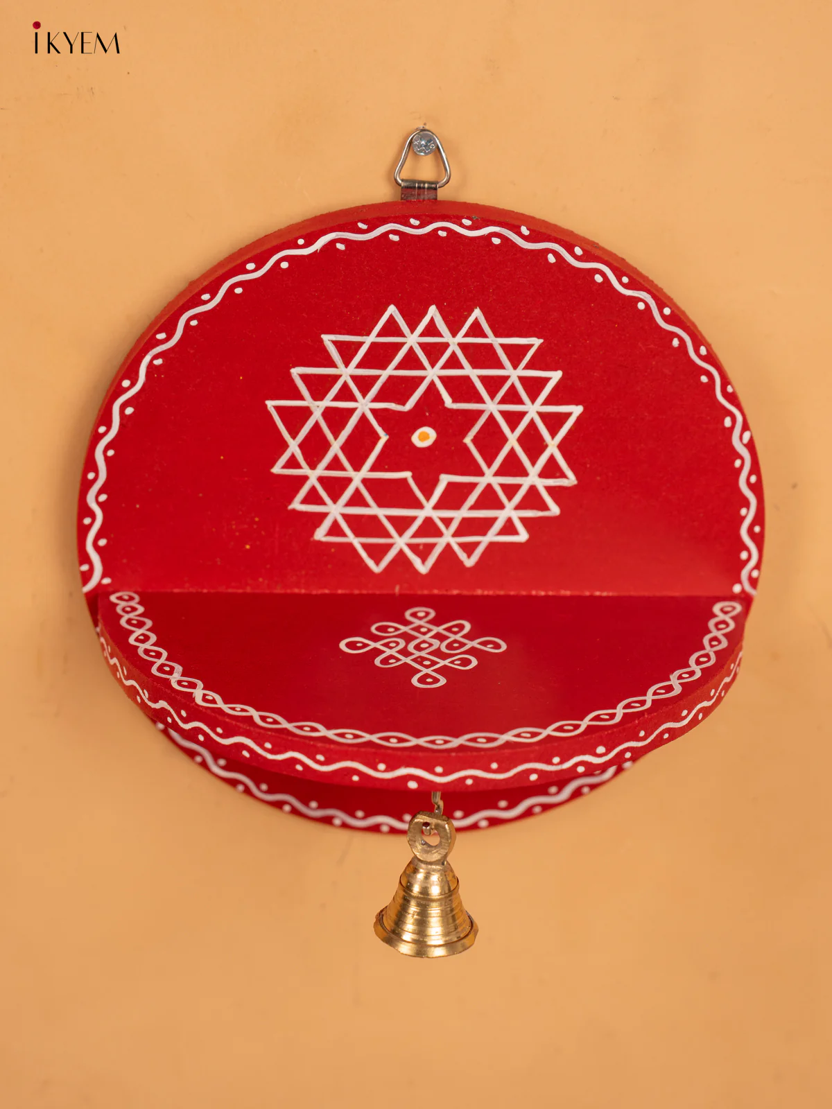Hand Painted Round Wall Shelf with Brass Bell - Red - KB17157 - Image 2