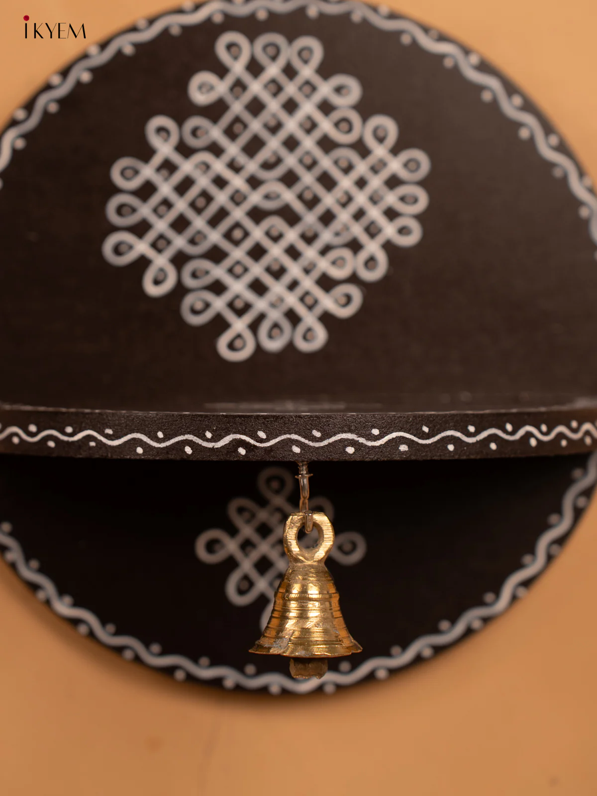 Hand Painted Round Wall Shelf with Brass Bell - Brown - KB17159 - Image 3