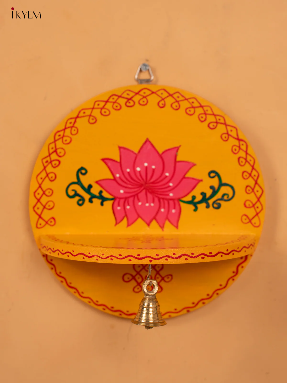 Hand Painted Round Wall Shelf with Brass Bell - Yellow - KB17161