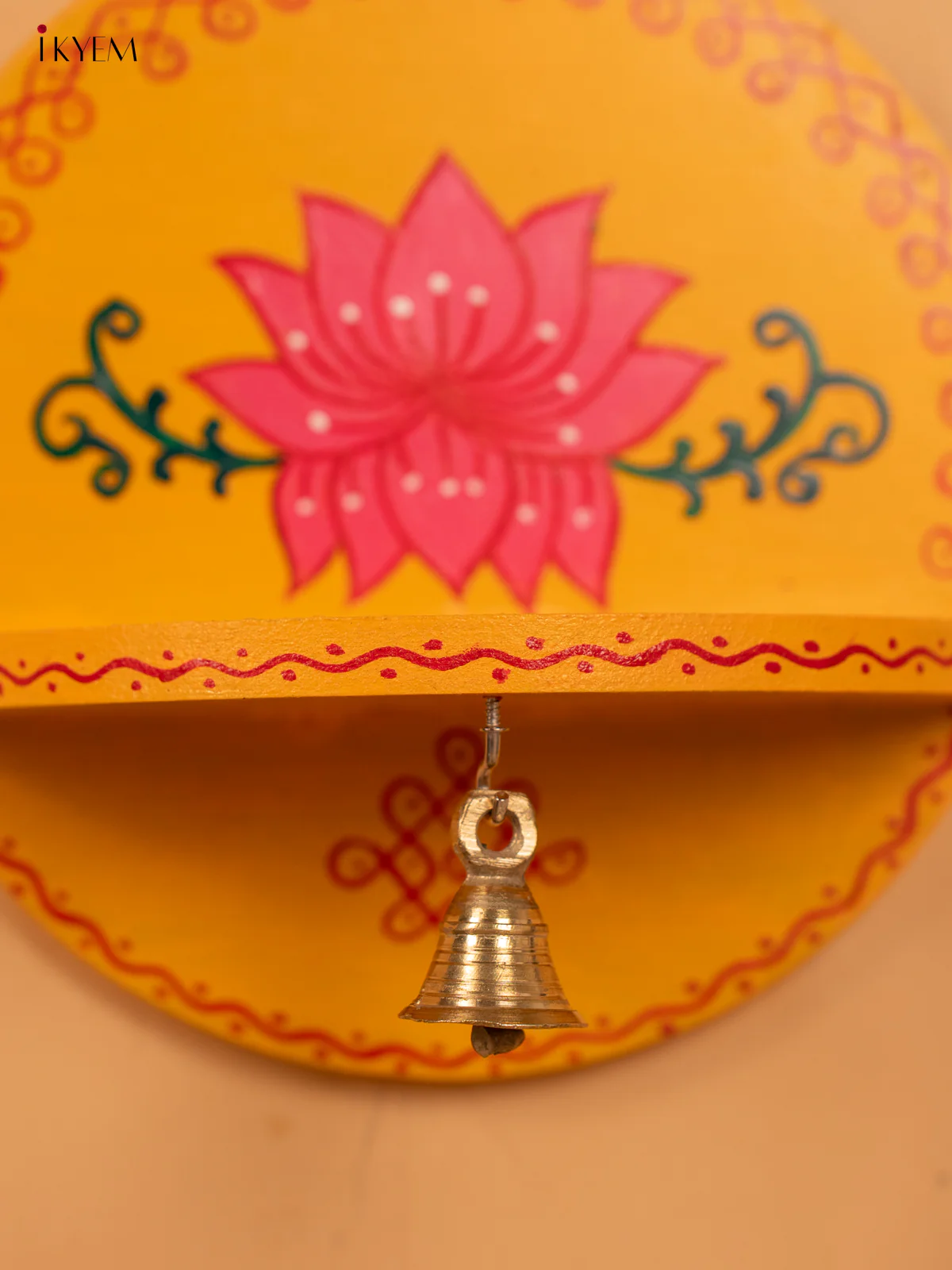 Hand Painted Round Wall Shelf with Brass Bell - Yellow - KB17161 - Image 4