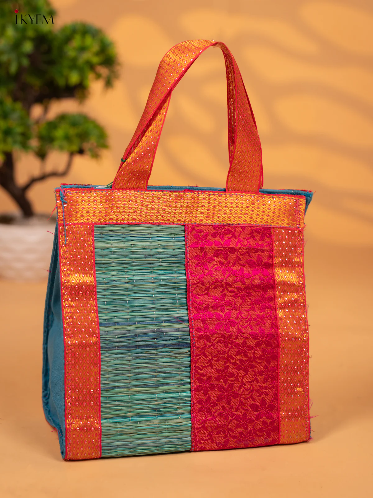 Half and Half Raw Silk with Korai Handbag 9 Inch- Blue & Pink - KB17171 - Image 2