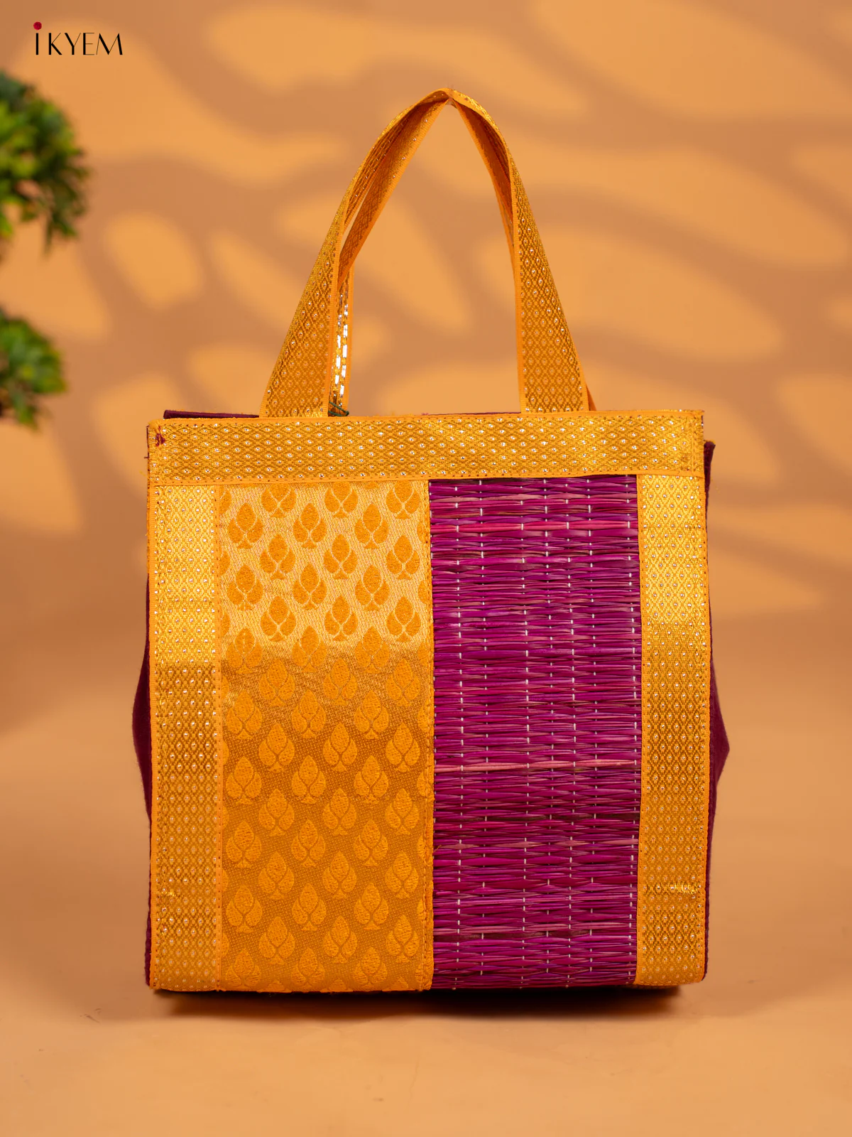 Half and Half Raw Silk with Korai Handbag 9 Inch- Yellow & Violet - KB17173