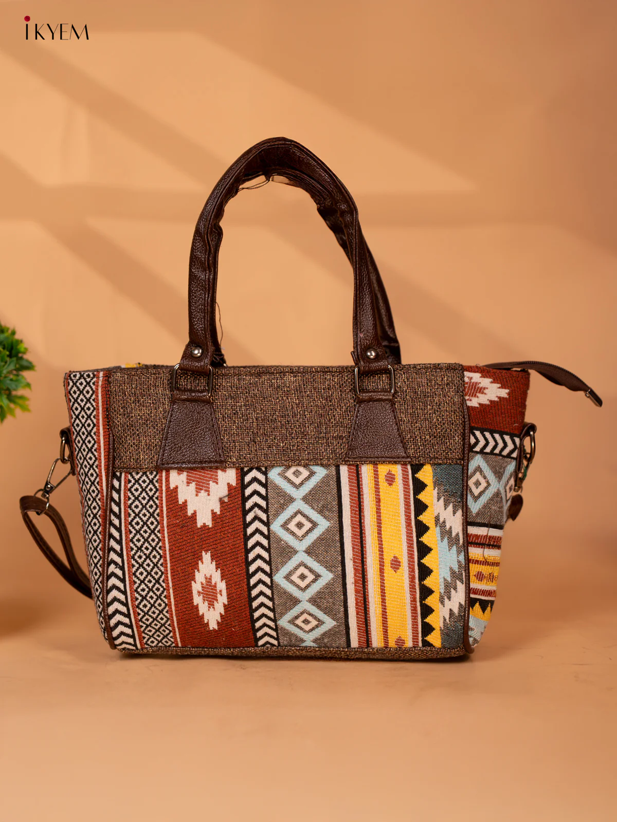 Jacquard Handbag with Leather sling - Brown - KB22113 - Image 2