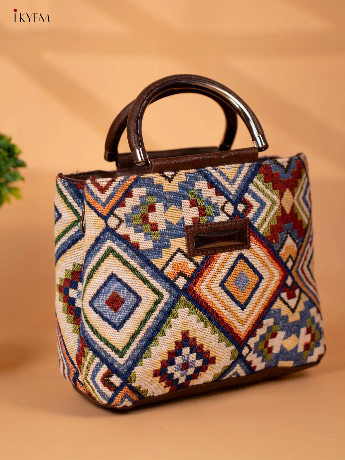 Jacquard Single hand Metal Handle Sling Bag - Beige - KB22118 - Image 4