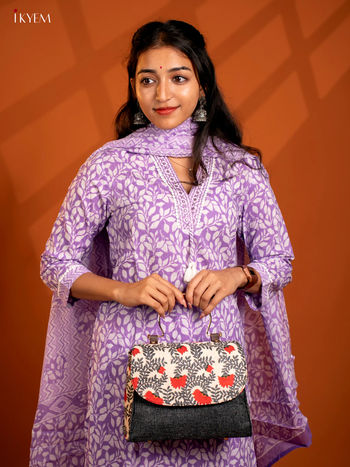 Jacquard Single hand Metal Handle Sling Bag - Grey - KB22146