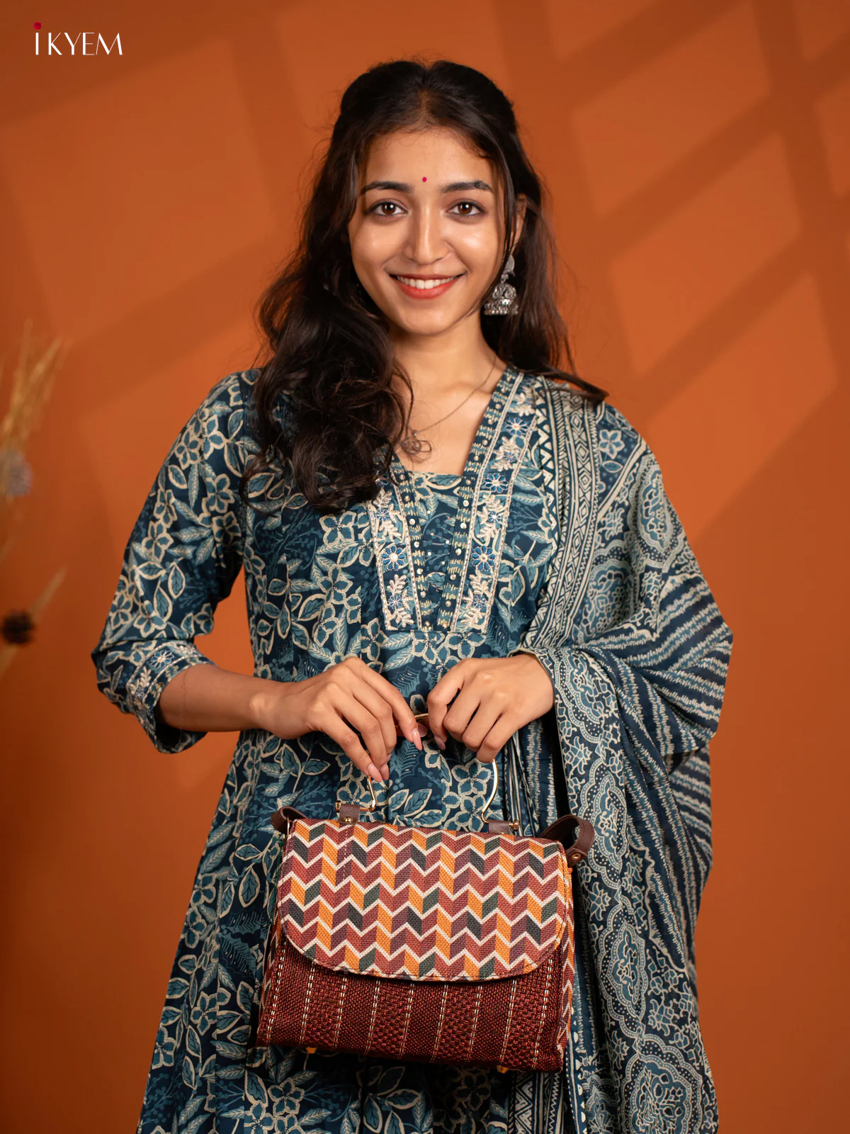 Jacquard Single hand Metal Handle Sling Bag - Coffee Brown - KB22149