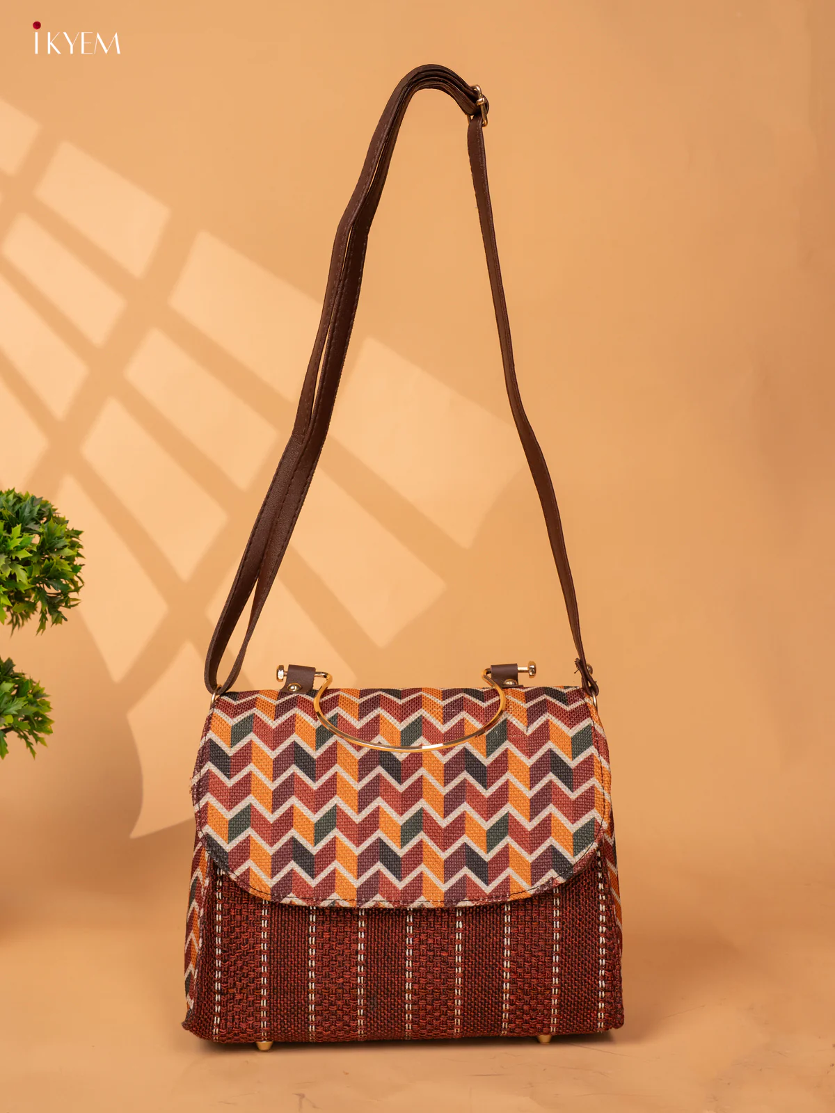 Jacquard Single hand Metal Handle Sling Bag - Coffee Brown - KB22149 - Image 6