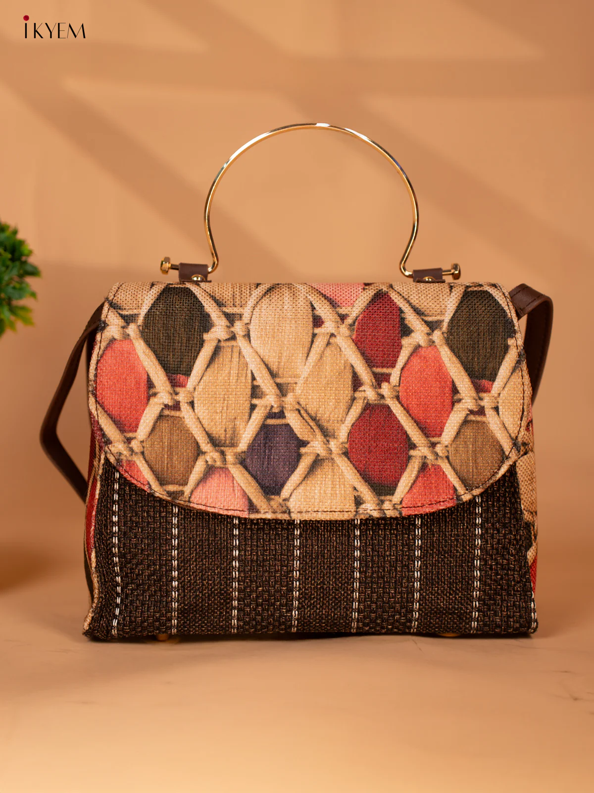 Jacquard Single hand Metal Handle Sling Bag - Brown - KB22150 - Image 2