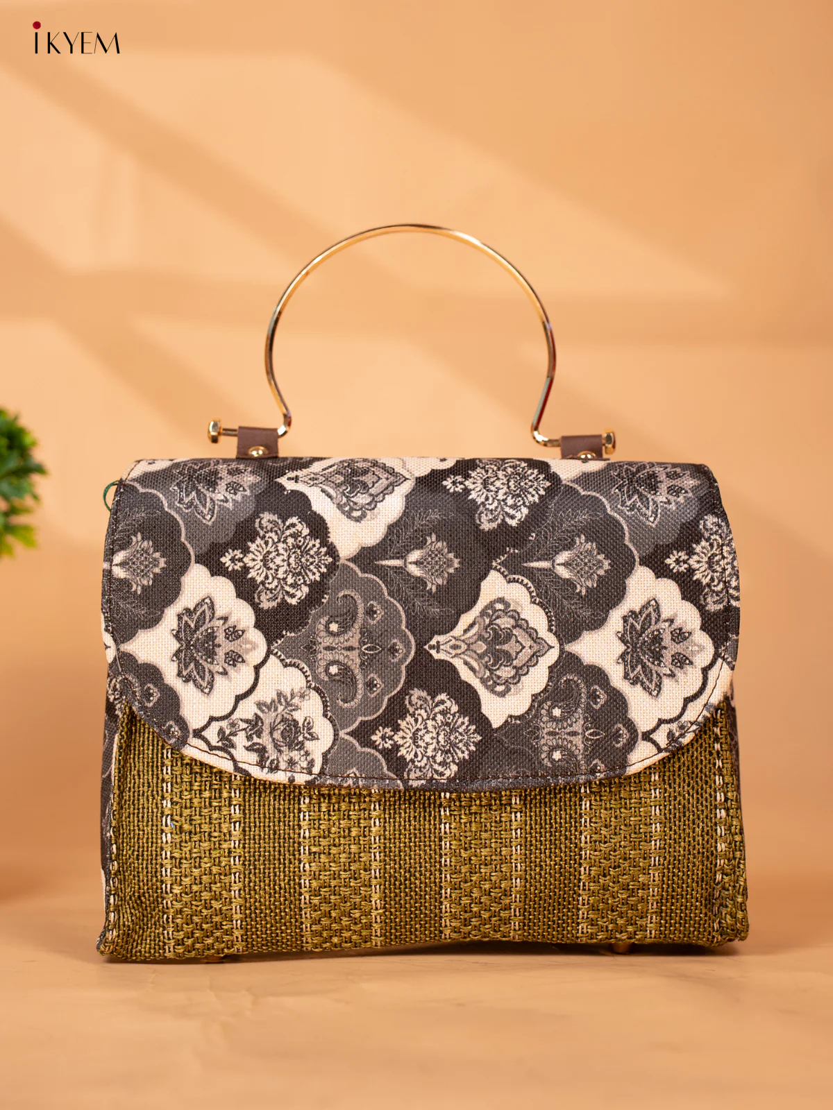 Jacquard Single hand Metal Handle Sling Bag - Green - KB22151 - Image 2