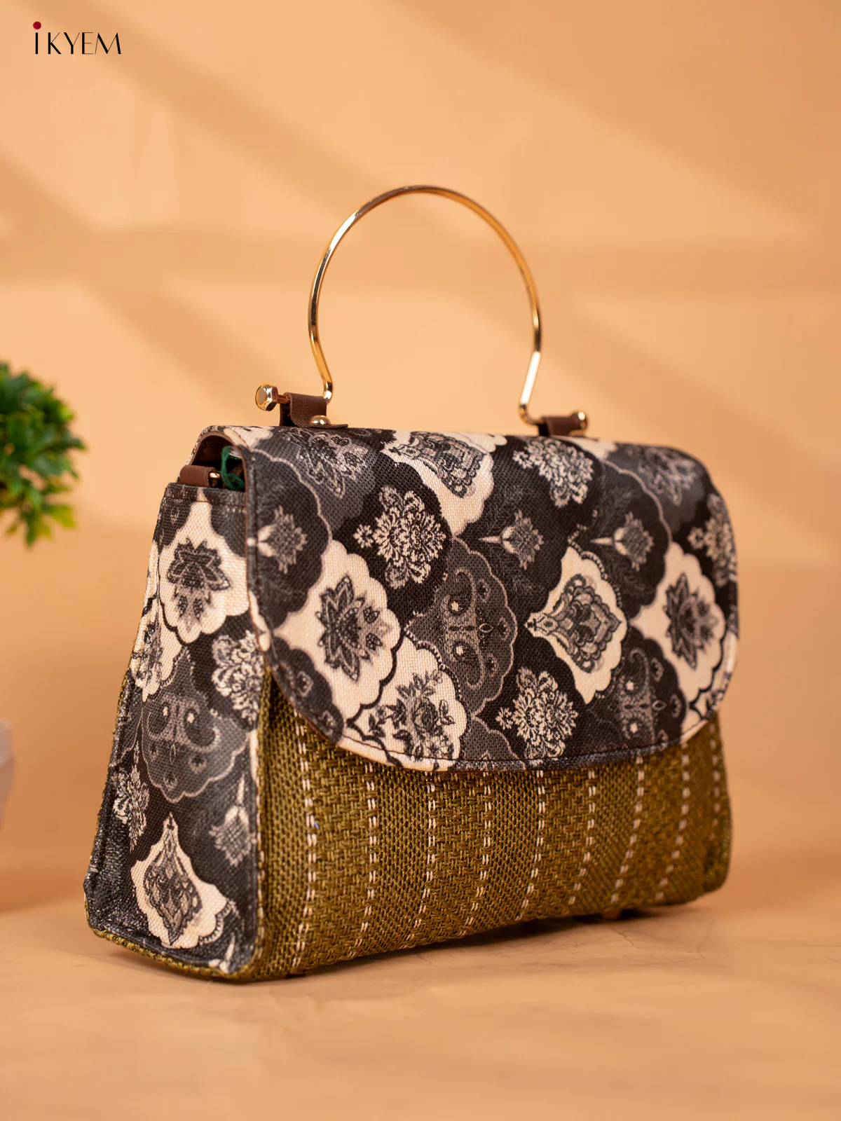 Jacquard Single hand Metal Handle Sling Bag - Green - KB22151 - Image 3