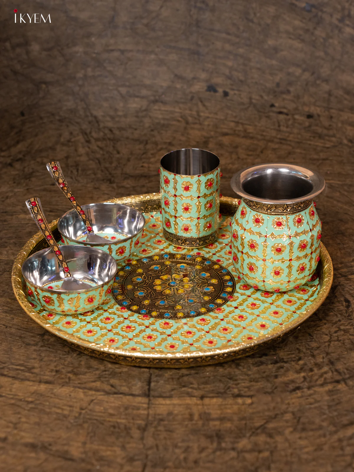 Meenakari Pooja Thali set - Pista Green - (12×12) - KB25115