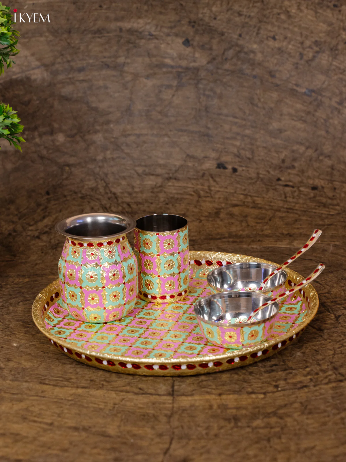 Meenakari Decorated Pooja Thali Set - Pink & Teal Green- (12×12)- KB25118