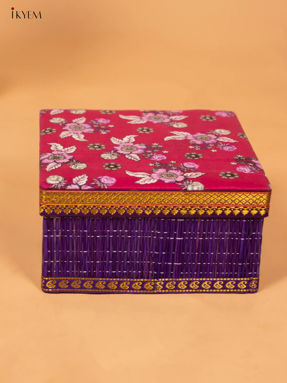 Foldable Korai Box with Kalamkari Fabric Top- Purple 4 Inch- KB26113
