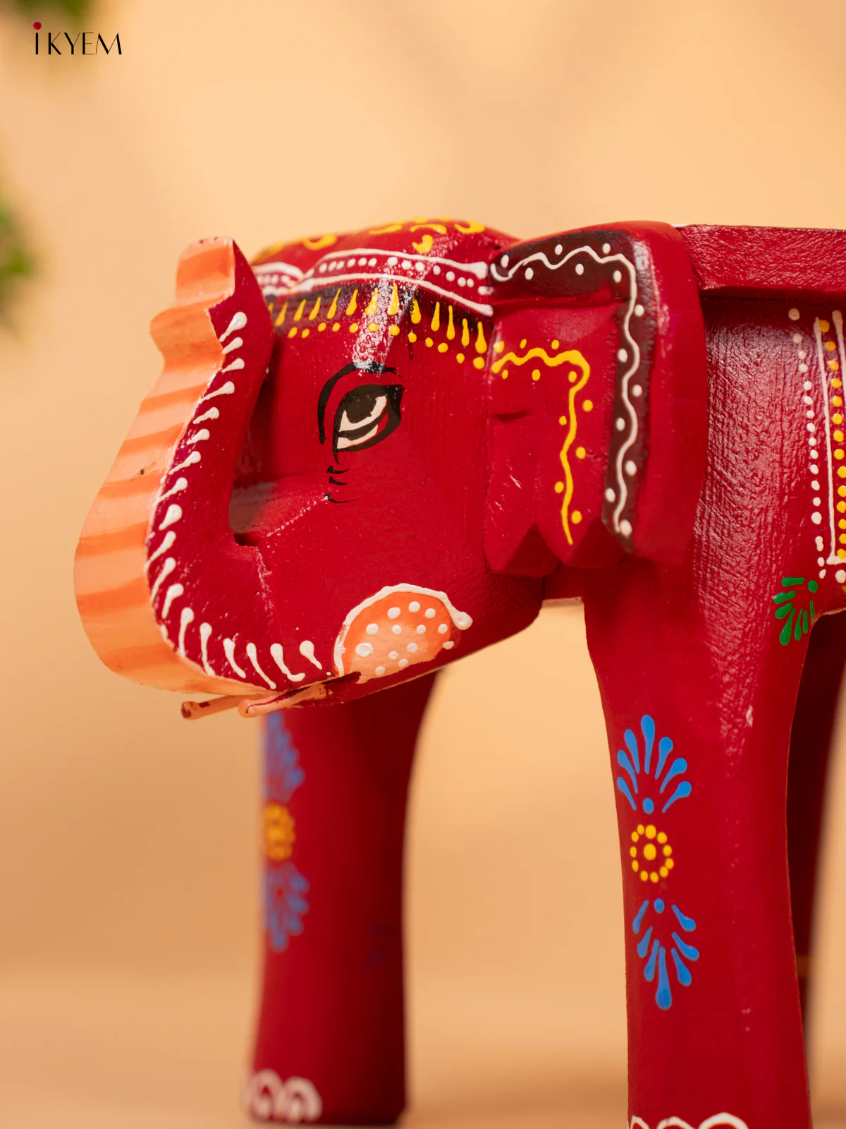 Wooden Hand Painted Elephant Stool -Red - 6 Inch - KB26116 - Image 3
