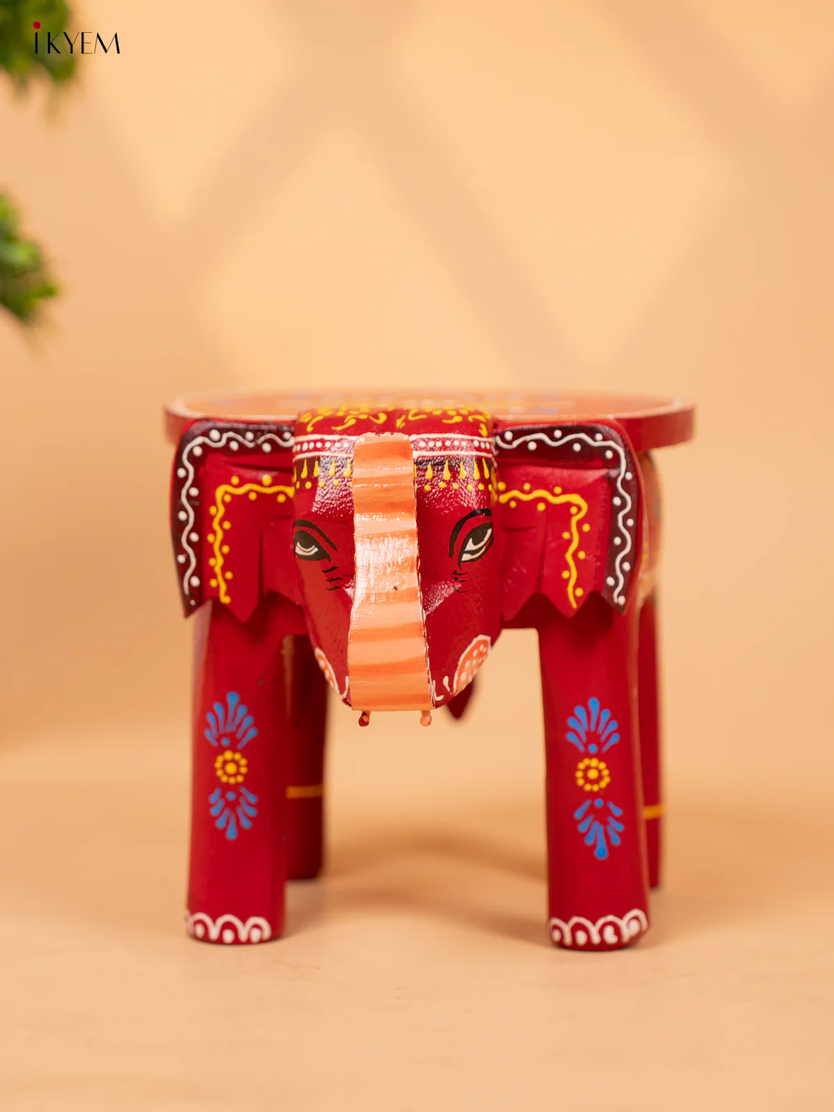 Wooden Hand Painted Elephant Stool -Red - 6 Inch - KB26116 - Image 5