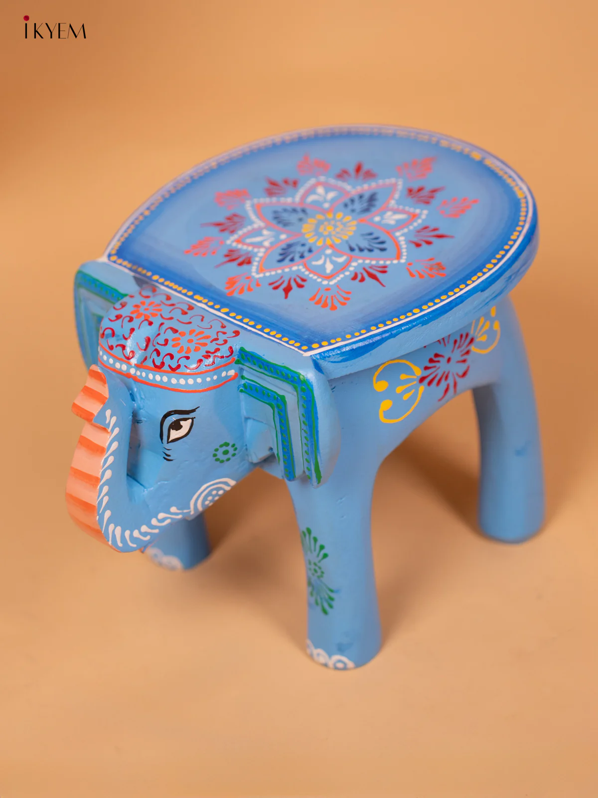 Wooden Hand Painted Elephant Stool- sky blue - 6 Inch - KB26117 - Image 5