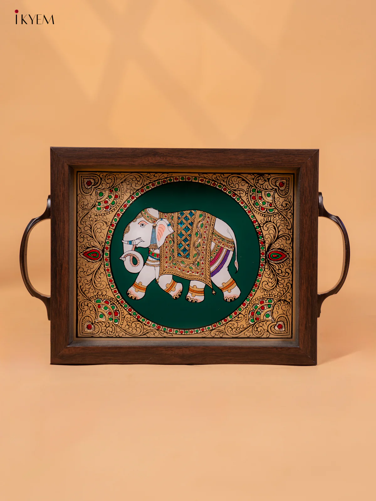 Reverse Glass Painted Tray - Green Elephant (11 x 7) - KC04111