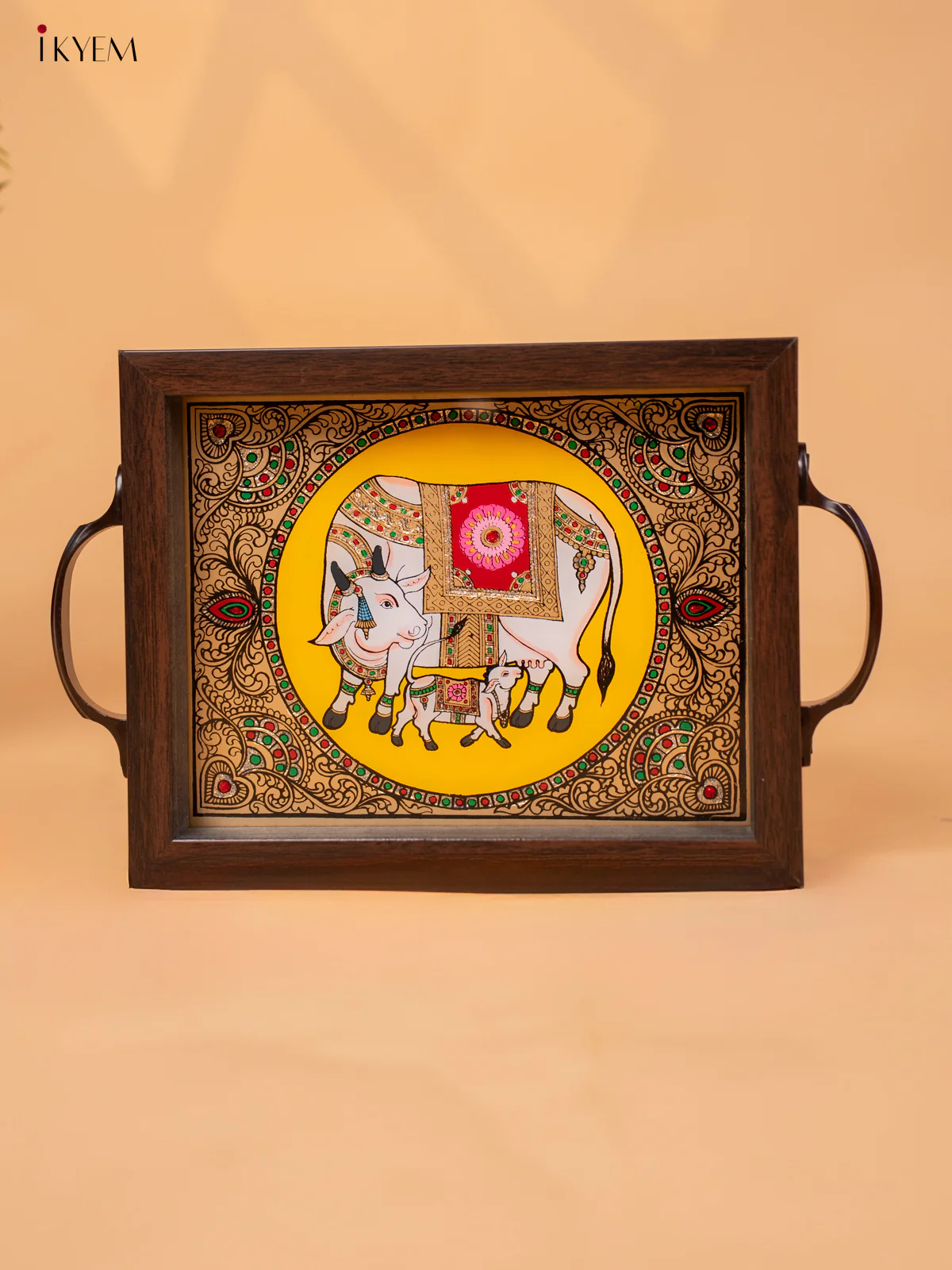 Reverse Glass Painted Tray - Yellow cow and calf - (7×11) - KC04114