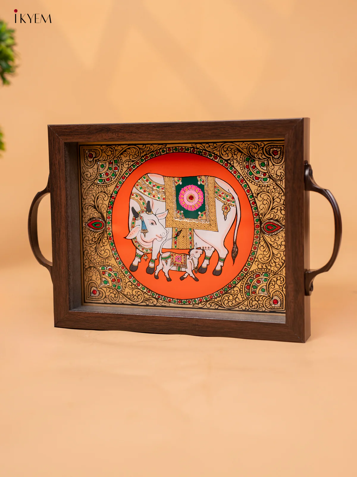 Reverse Glass Painted Tray -Orange cow and calf - (7×11) - KC04116 - Image 2