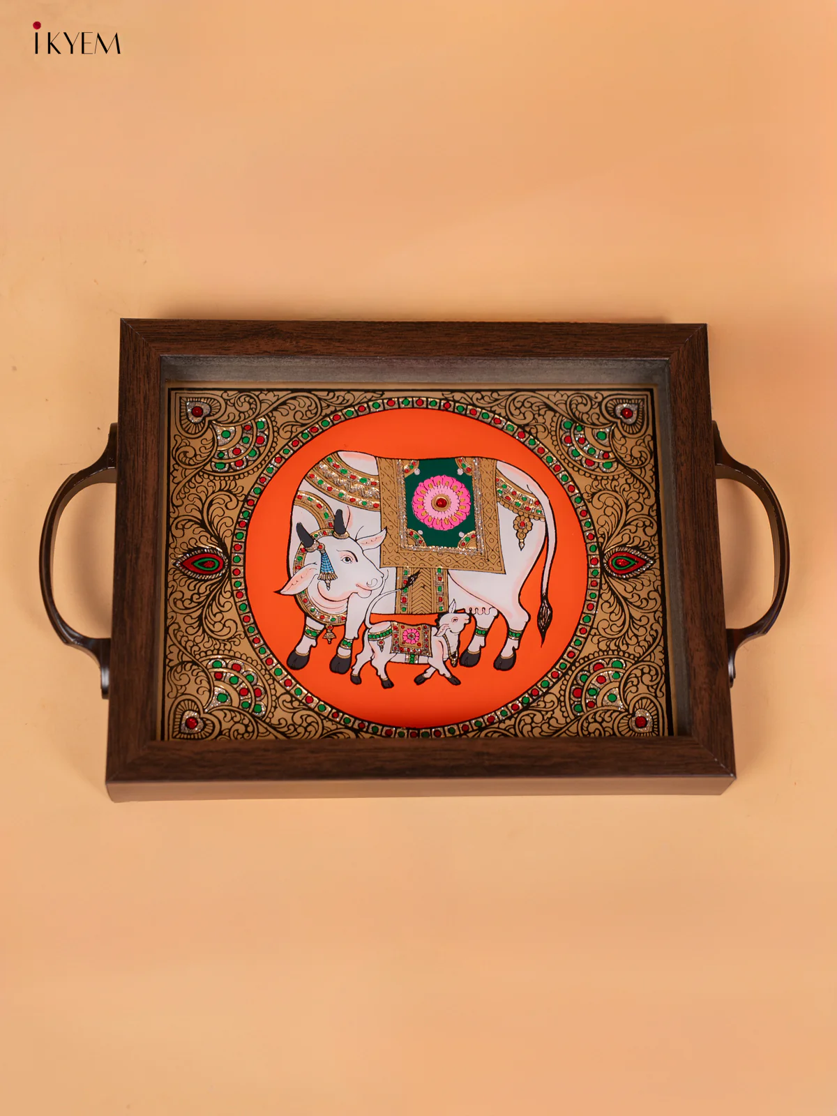 Reverse Glass Painted Tray -Orange cow and calf - (7×11) - KC04116 - Image 4