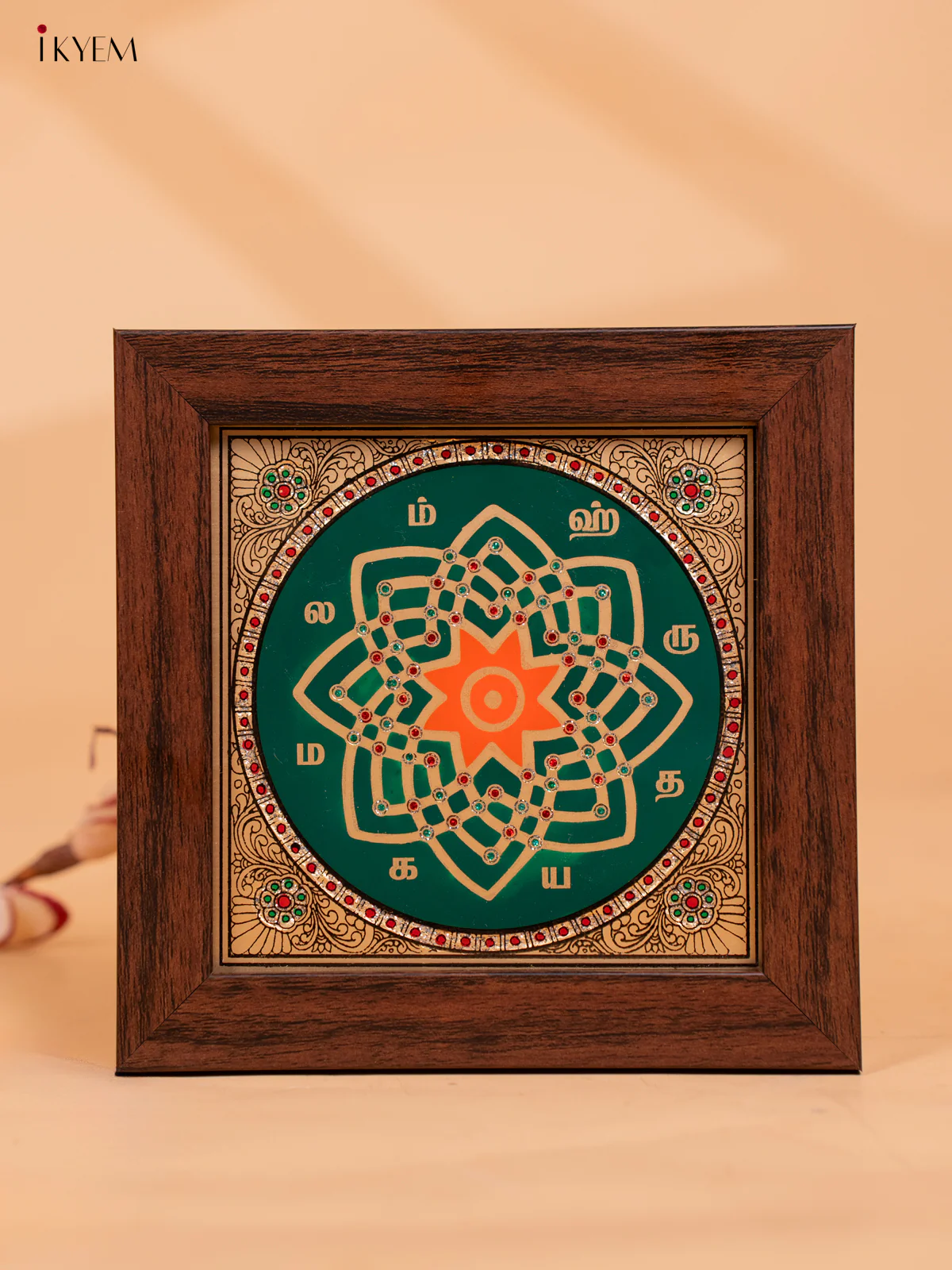 Reverse Glass Painted Manai - Hridaya Kamalam - Green & Orange - (6x6) - KC06122