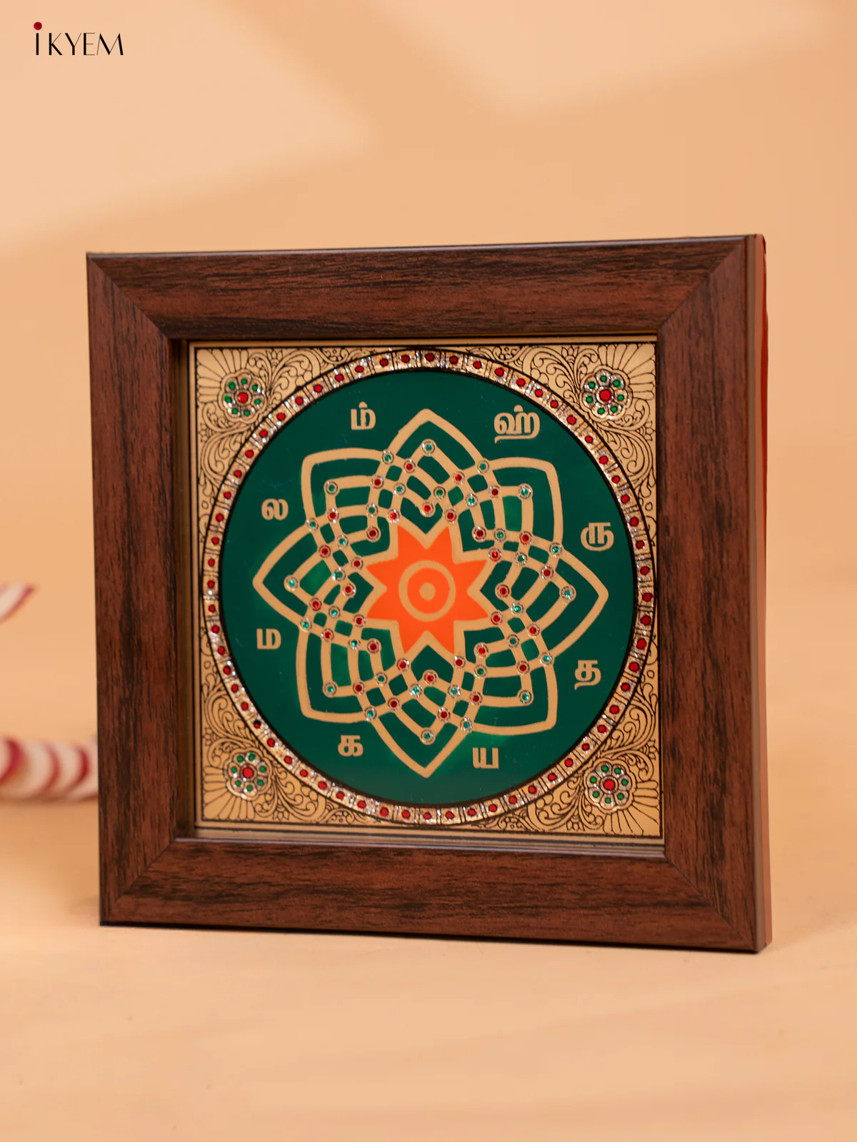 Reverse Glass Painted Manai - Hridaya Kamalam - Green & Orange - (6x6) - KC06122 - Image 2