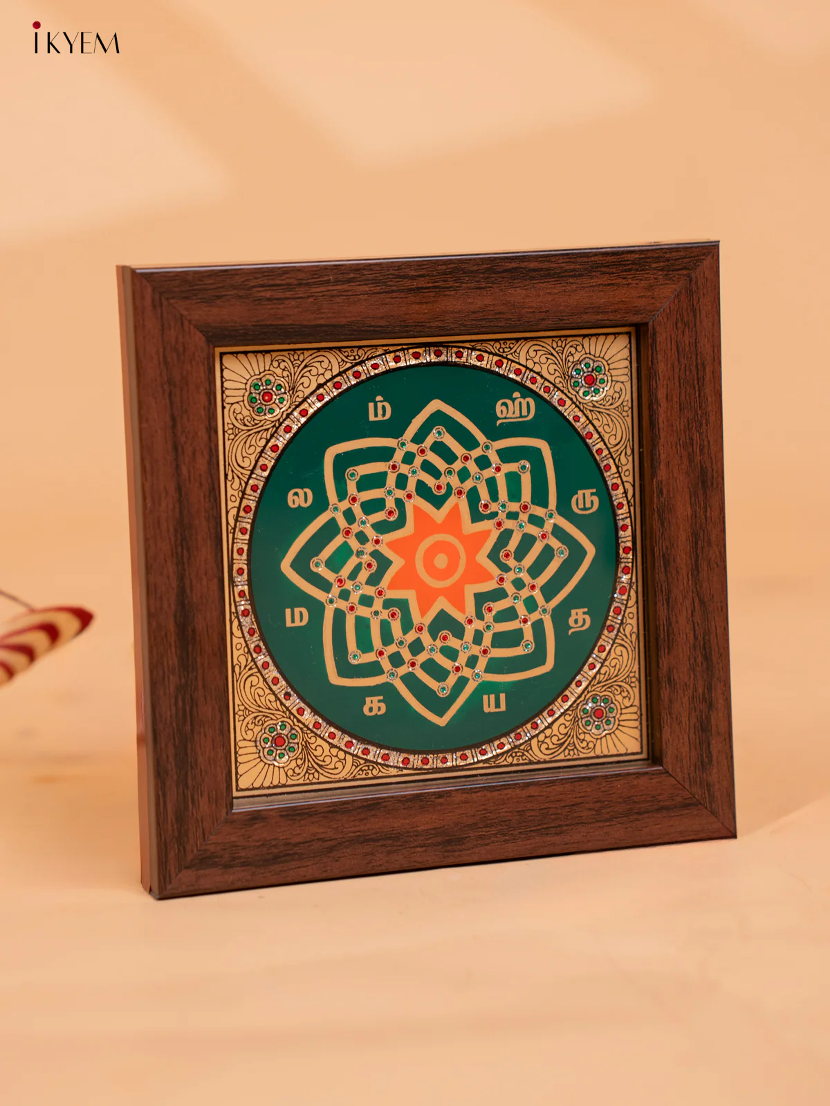 Reverse Glass Painted Manai - Hridaya Kamalam - Green & Orange - (6x6) - KC06122 - Image 3