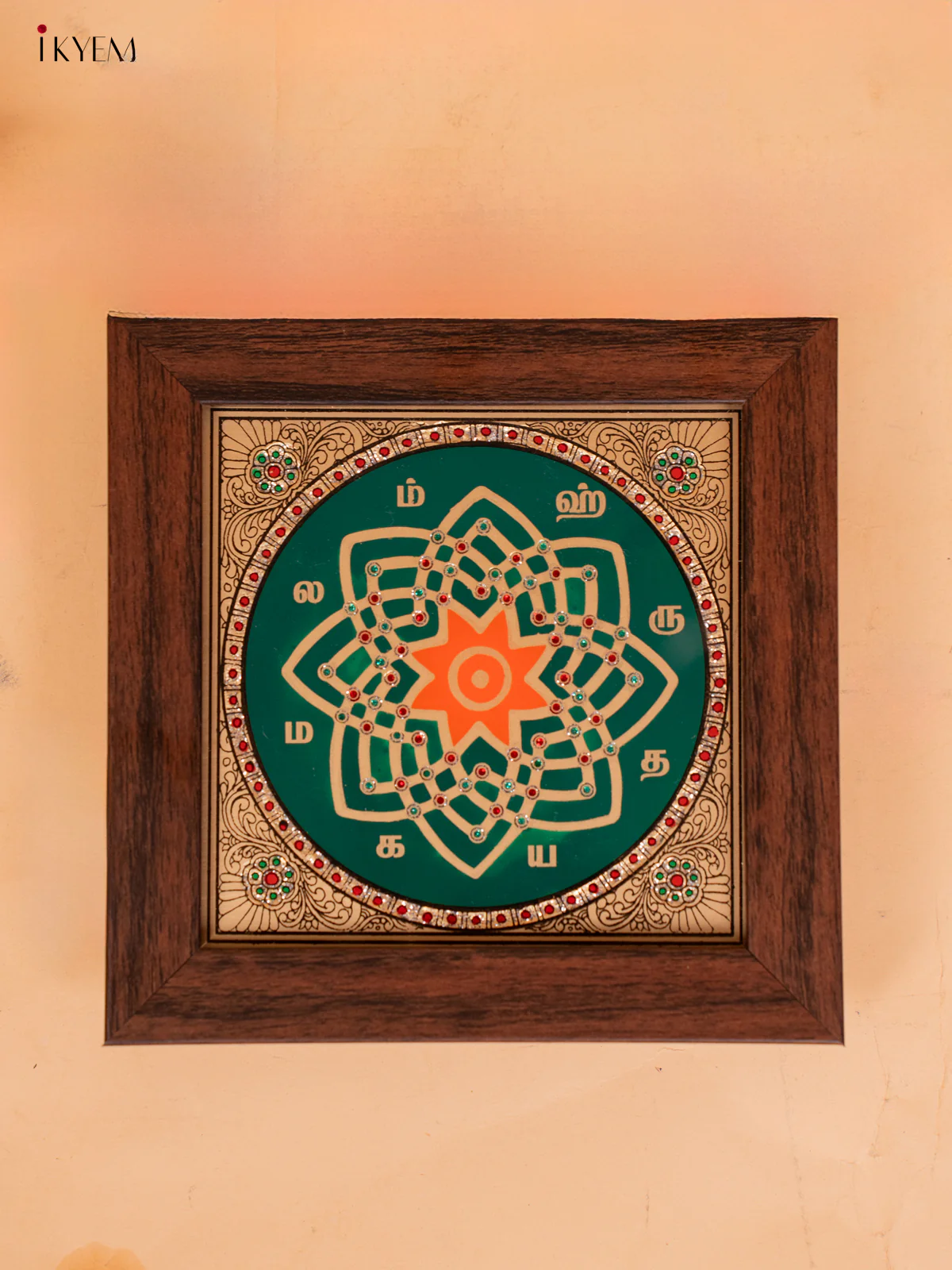 Reverse Glass Painted Manai - Hridaya Kamalam - Green & Orange - (6x6) - KC06122 - Image 4