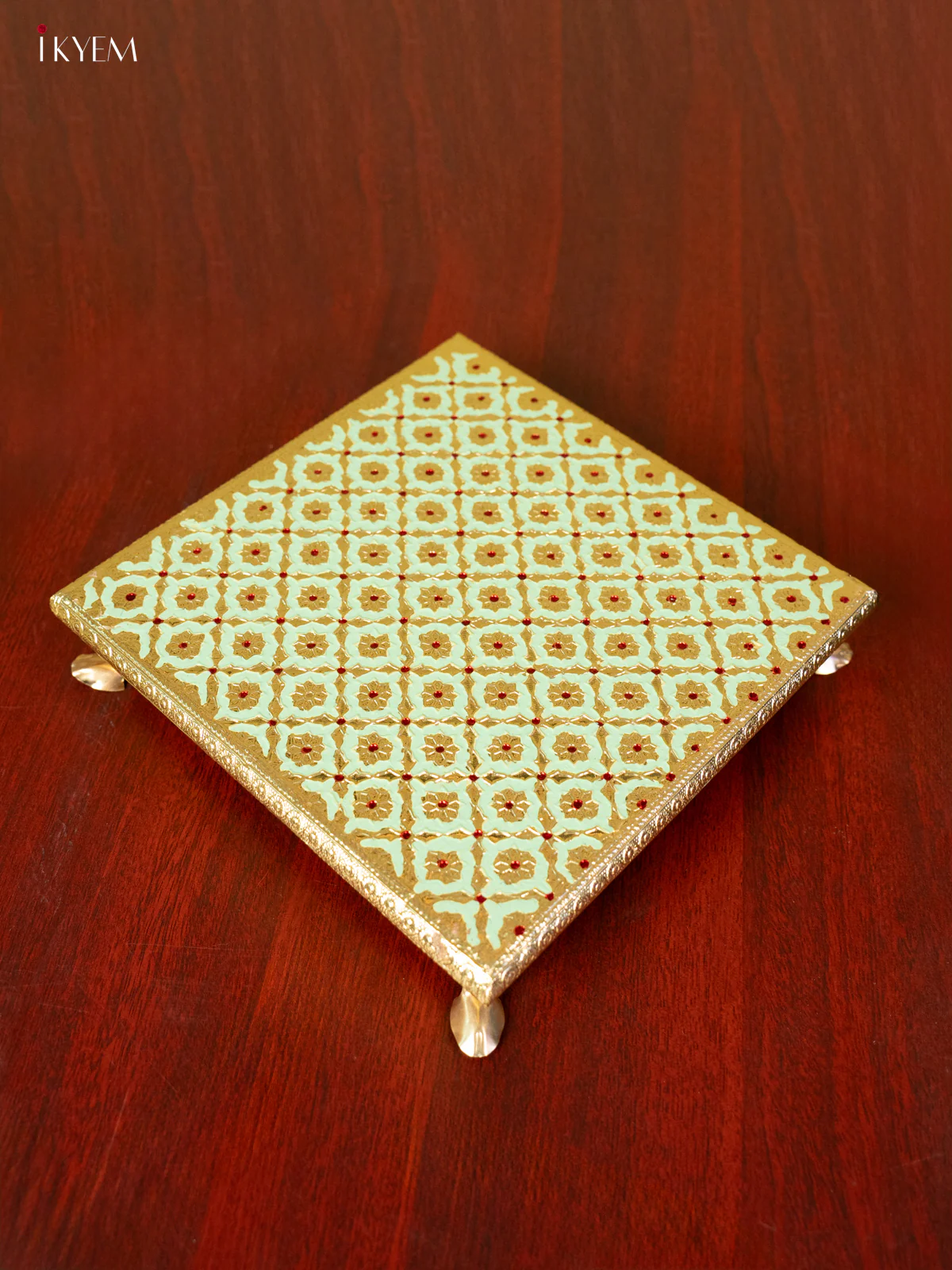 Magnificent Pista Green Wooden Bajot With Meenakari Design - KC11112