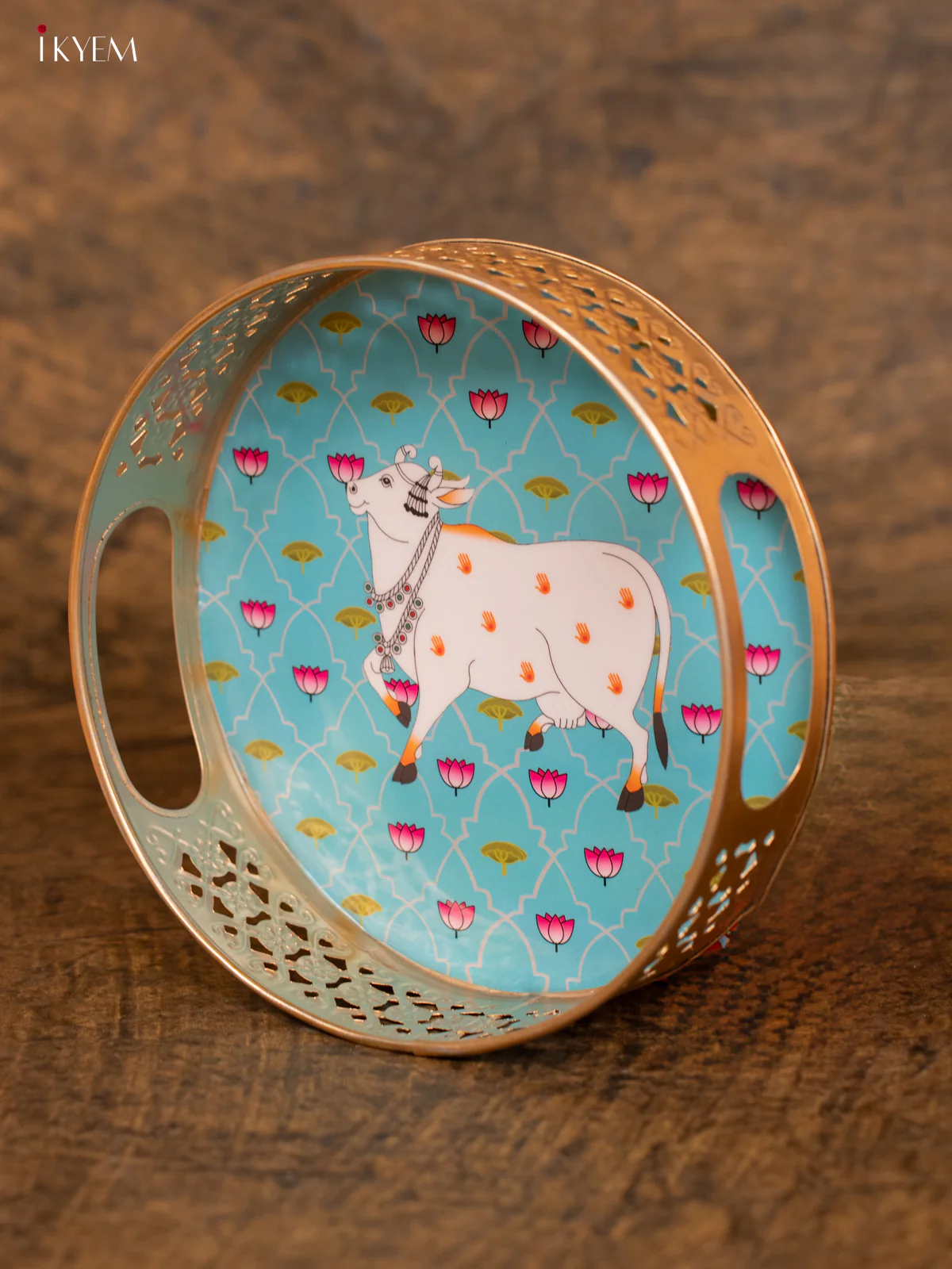 Metal Digital Printed Pichwai Round Thambulam tray - Teal Green - (8 ×8) - KC12131 - Image 2