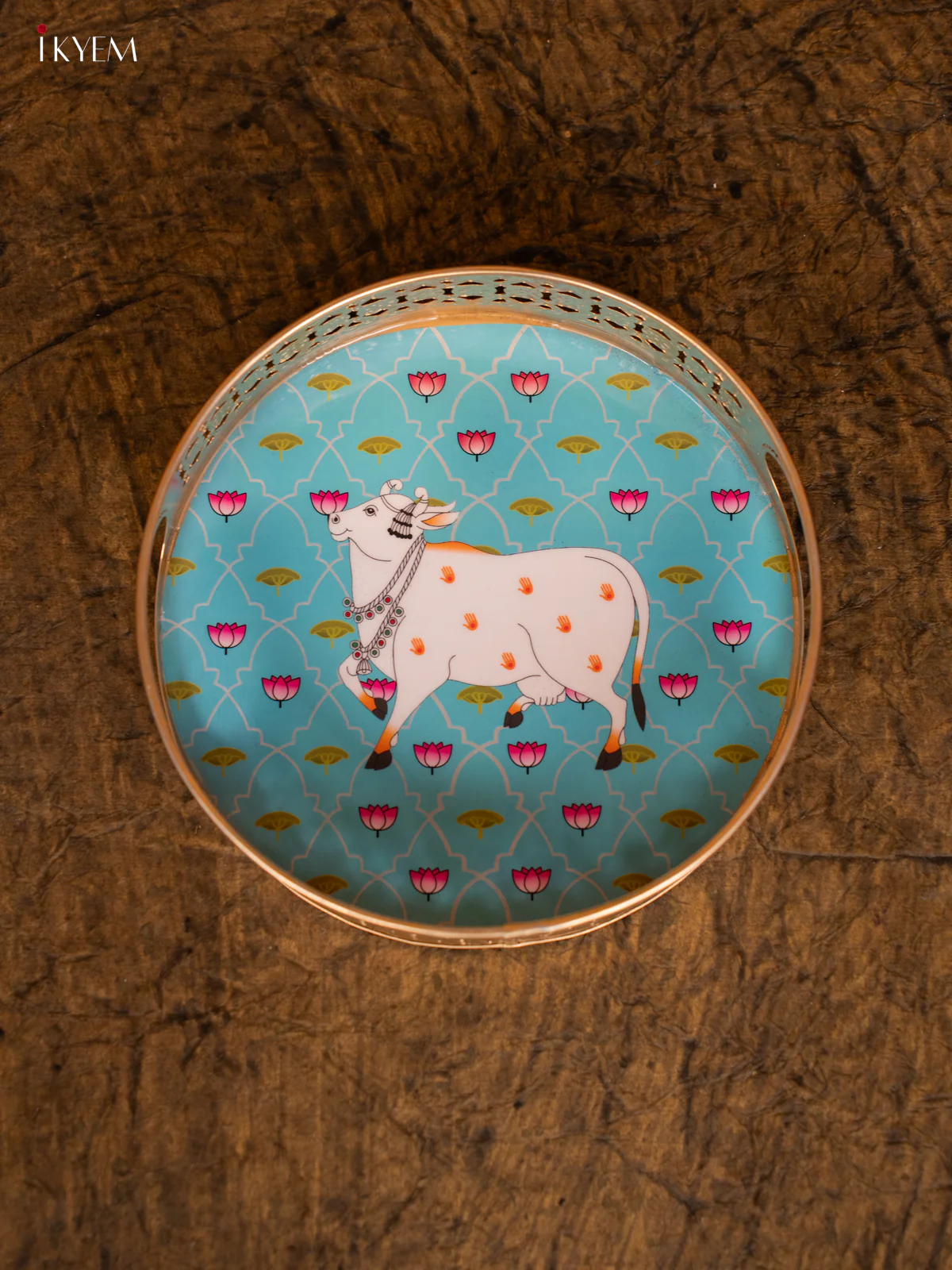 Metal Digital Printed Pichwai Round Thambulam tray - Teal Green - (8 ×8) - KC12131 - Image 4