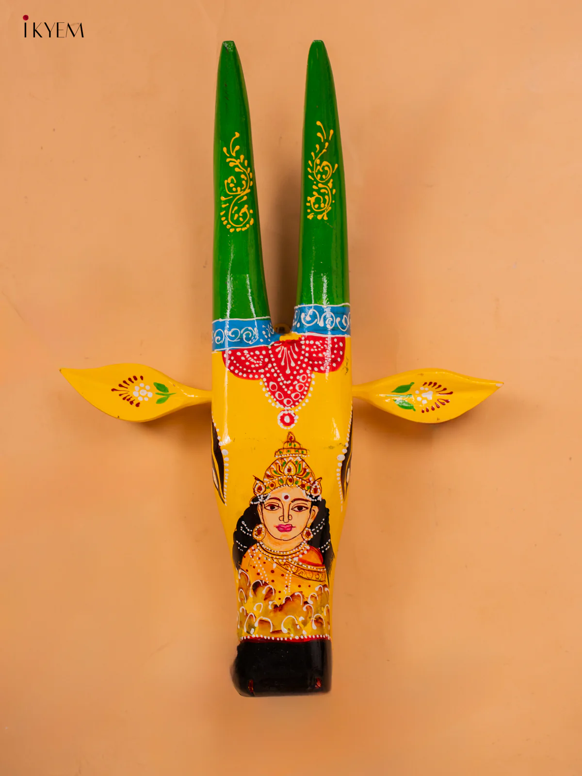 Hand Painted Cow Head Yellow with Green - Goddess Lakshmi - 16 inch - KC13118