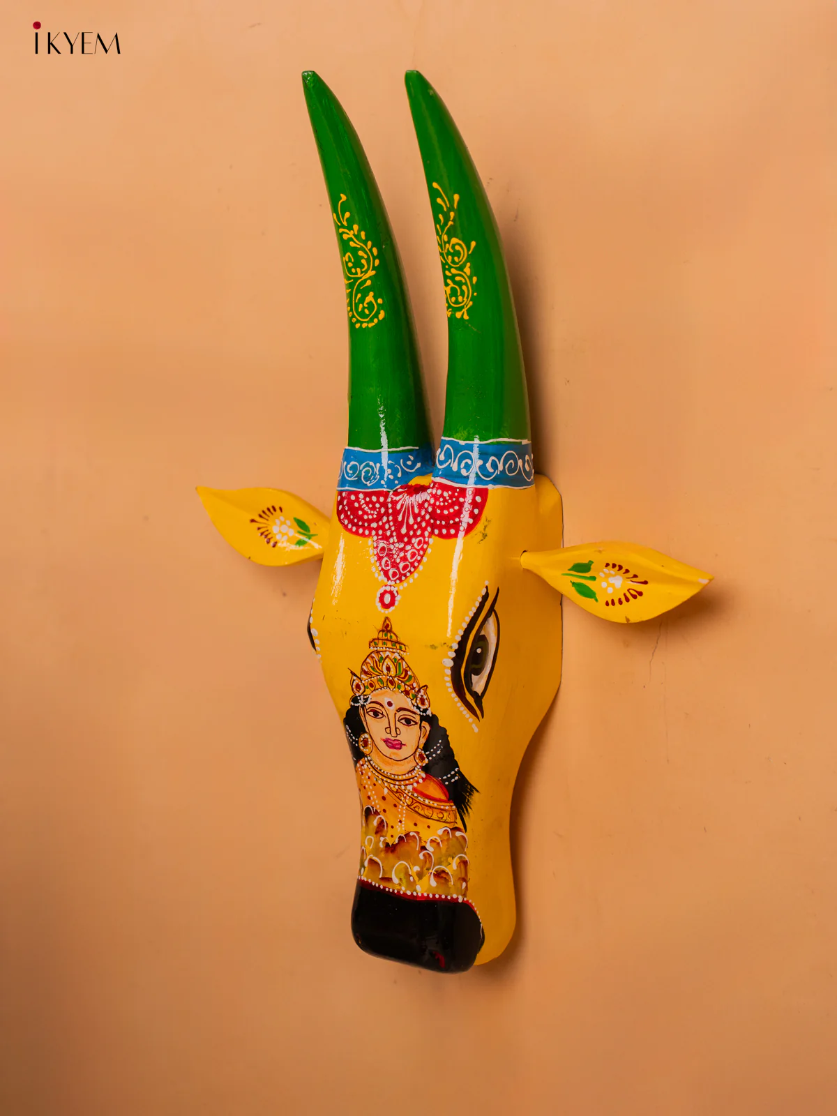 Hand Painted Cow Head Yellow with Green - Goddess Lakshmi - 16 inch - KC13118 - Image 3