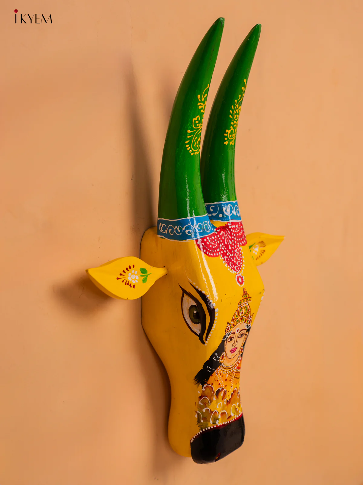 Hand Painted Cow Head Yellow with Green - Goddess Lakshmi - 16 inch - KC13118 - Image 4