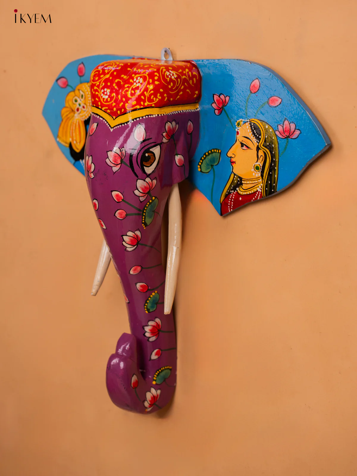 wooden hand painted elephant head with trunk violet - 15 Inch - KC13121 - Image 6