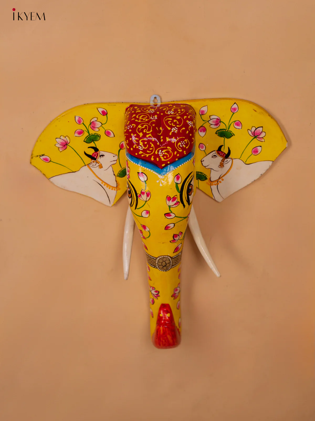wooden hand painted elephant head with trunk yellow with red- pichwai - 15 Inch - KC13122 - Image 2